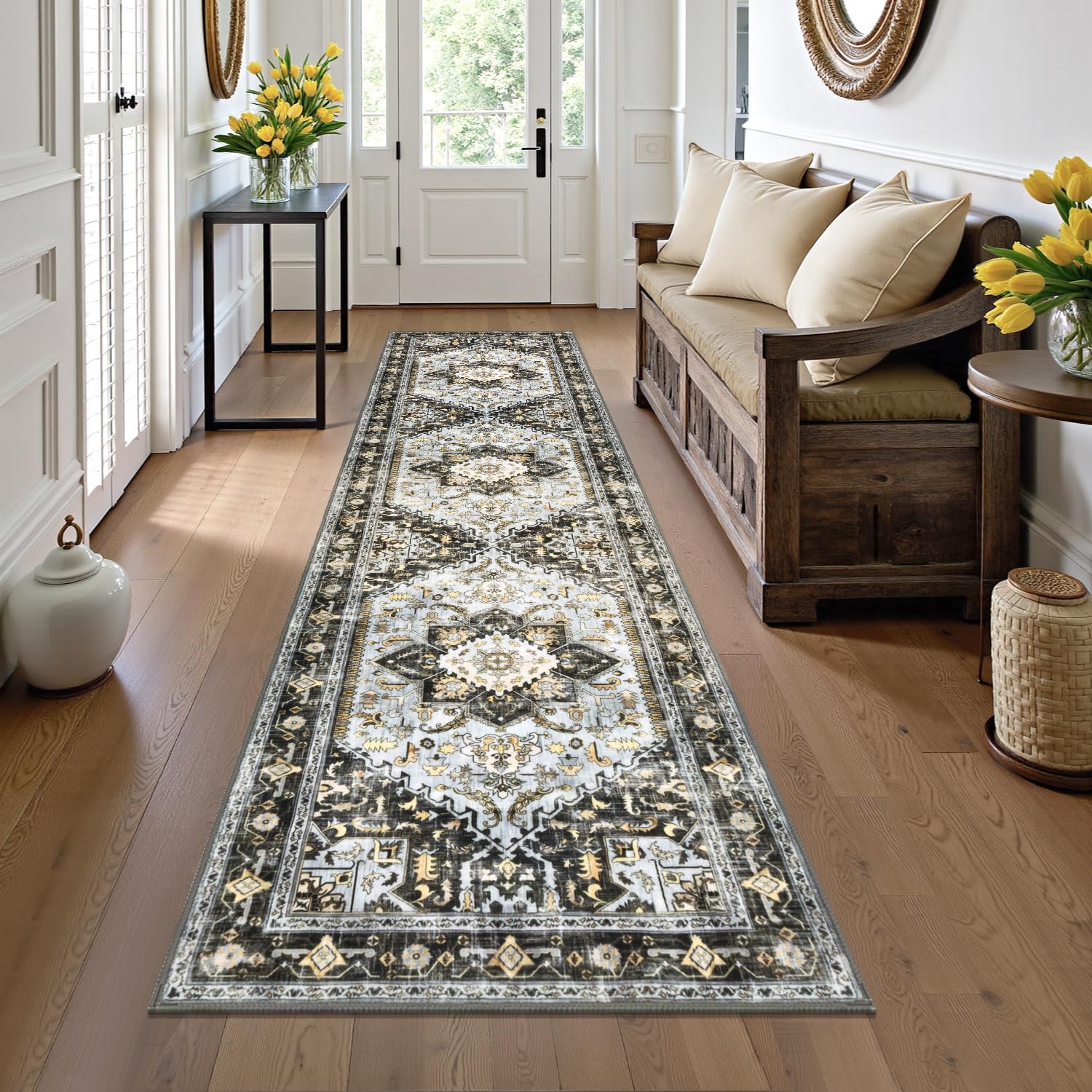 Yamaziot Washable Runner Rug, 2x8 Non-Slip Boho Vintage Hallway Kitchen Rug | Stain Resistant,Low Pile, Soft Distressed Floor Carpet with Rubber Backing for Bedroom, Kitchen, Laundry, Entrance 2' x 8' Black Gold