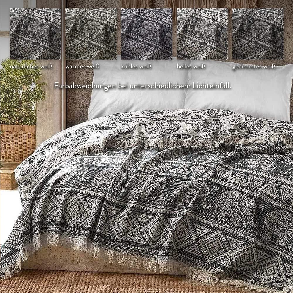 BOHORIA® Premium Tagesdecke 220x240 cm Bali | 100% Baumwolle | Oeko-Tex® | Bettüberwurf Wohndecke Wendedecke Sofadecke mit Muster | extra-groß 220 x 240 cm (Elephant)