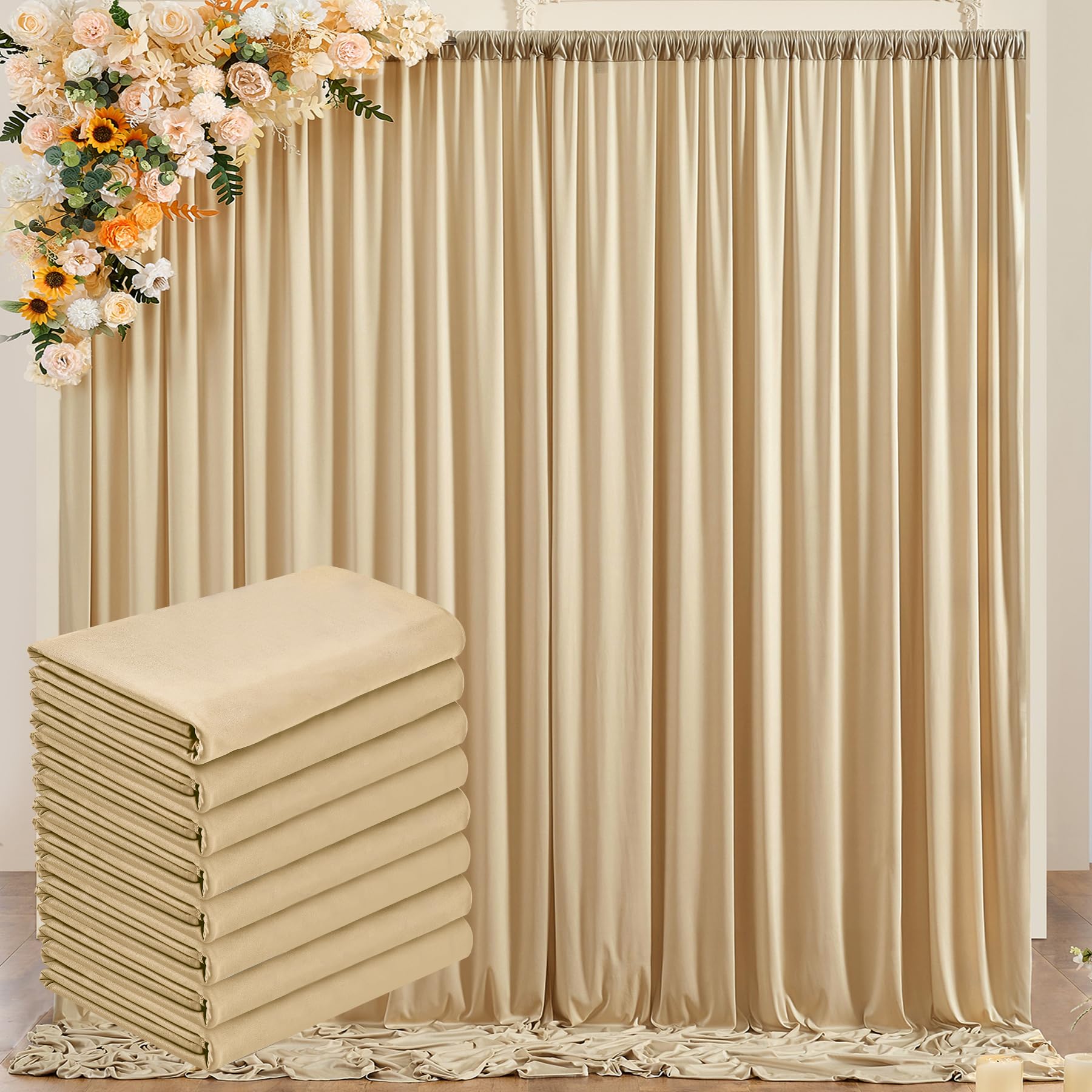 10ftx40ft Beige Wrinkle-Free Backdrop Drapes for Party, 8 Panels 5ftx10ft Beige Polyester Background Curtains Backdrop Decorations for Wedding,