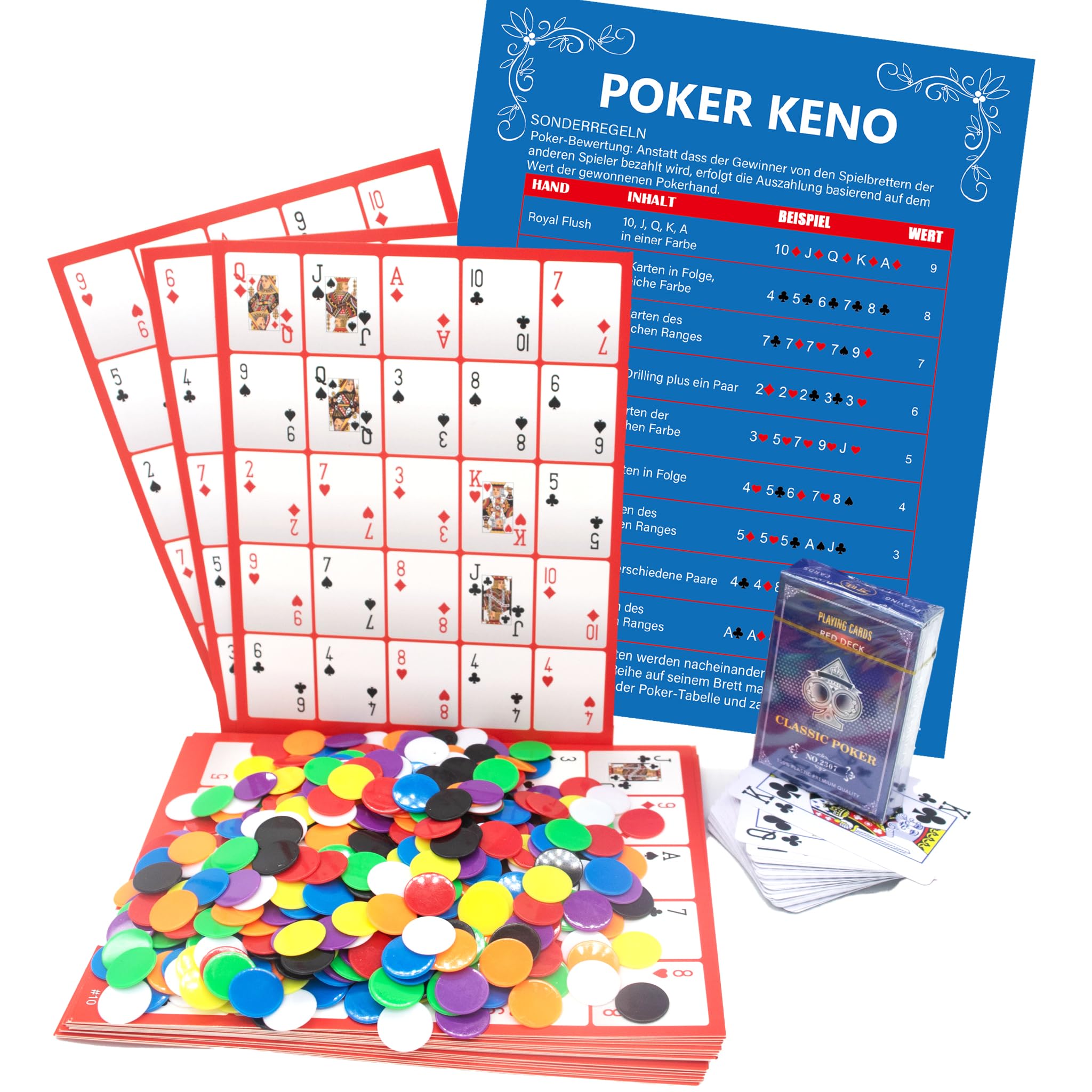 Profi Pokeno & Poker-Bingo Set für 12 Personen - 24 Layouts auf 12 Boards - Inkl. 250+ Chips & 100% Wasserfeste Kunststoffkarten - Premium Gesellschaftsspiel für Erwachsene & Familien