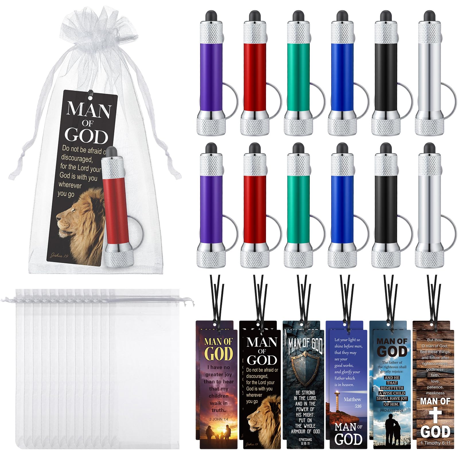 Tujoe 36Pcs/12 Set Man of God Christian Gifts Bulk Man of God Father's Day Set 12 LED Lights 12 Bible Verse Cards 12 Bags for Religious Church VBS Sunday School Fathers Day Gift
