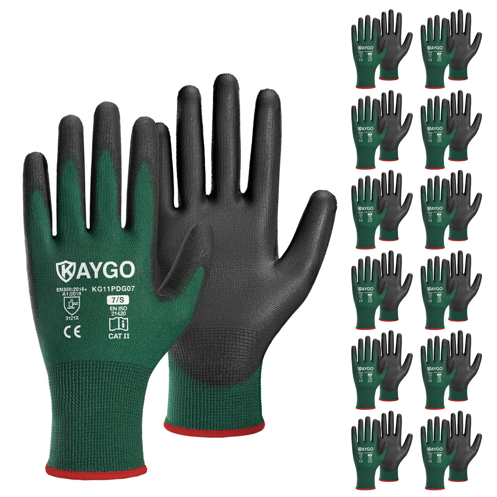 KAYGO Safety Work Gloves PU Coated-12 Pairs, KG11PB, Seamless Knit Glove with Polyurethane Coated Smooth Grip on Palm&Fingers, for Men and Women, Ideal for General Duty Work (Small,Dark Green)