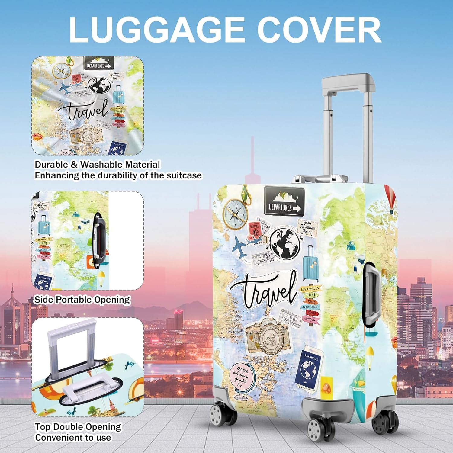 ANNA QUEEN Travel Collage Luggage Cover, World Map & Sticker Style Suitcase Protector for 32-34 Inch Travel Bags