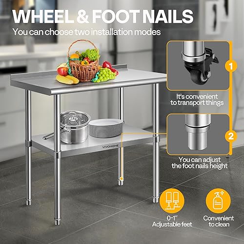 Miniatura 4 de VIVOHOME Mesa de trabajo de acero inoxidable de 24 x 36 pulgadas con protector contra salpicaduras, mesa comercial de preparación con ruedas para