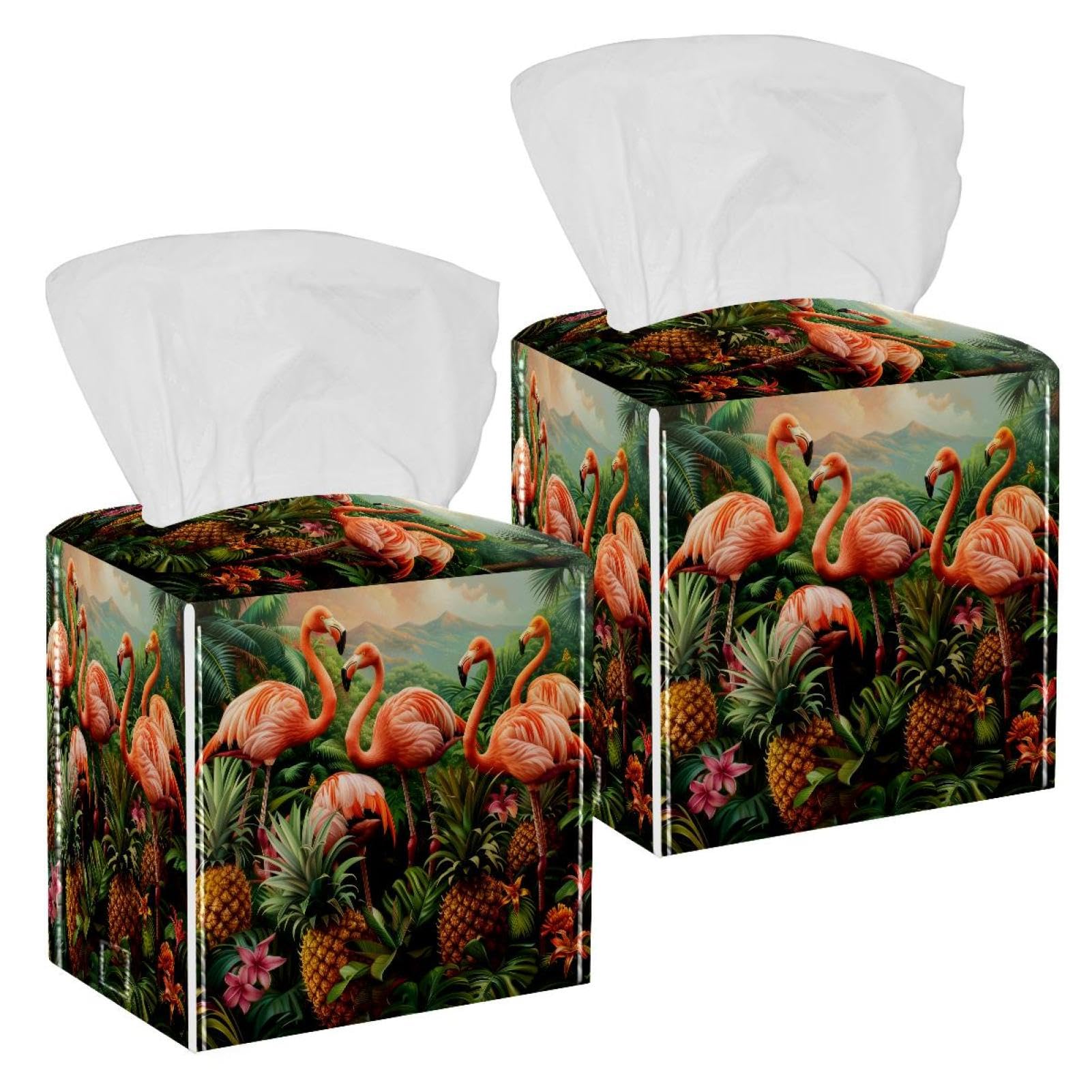 Flamingo Tissue Box Cover, 2 Pack PU Leather Square Facial Tissue Dispenser Box holder for Home Office Car