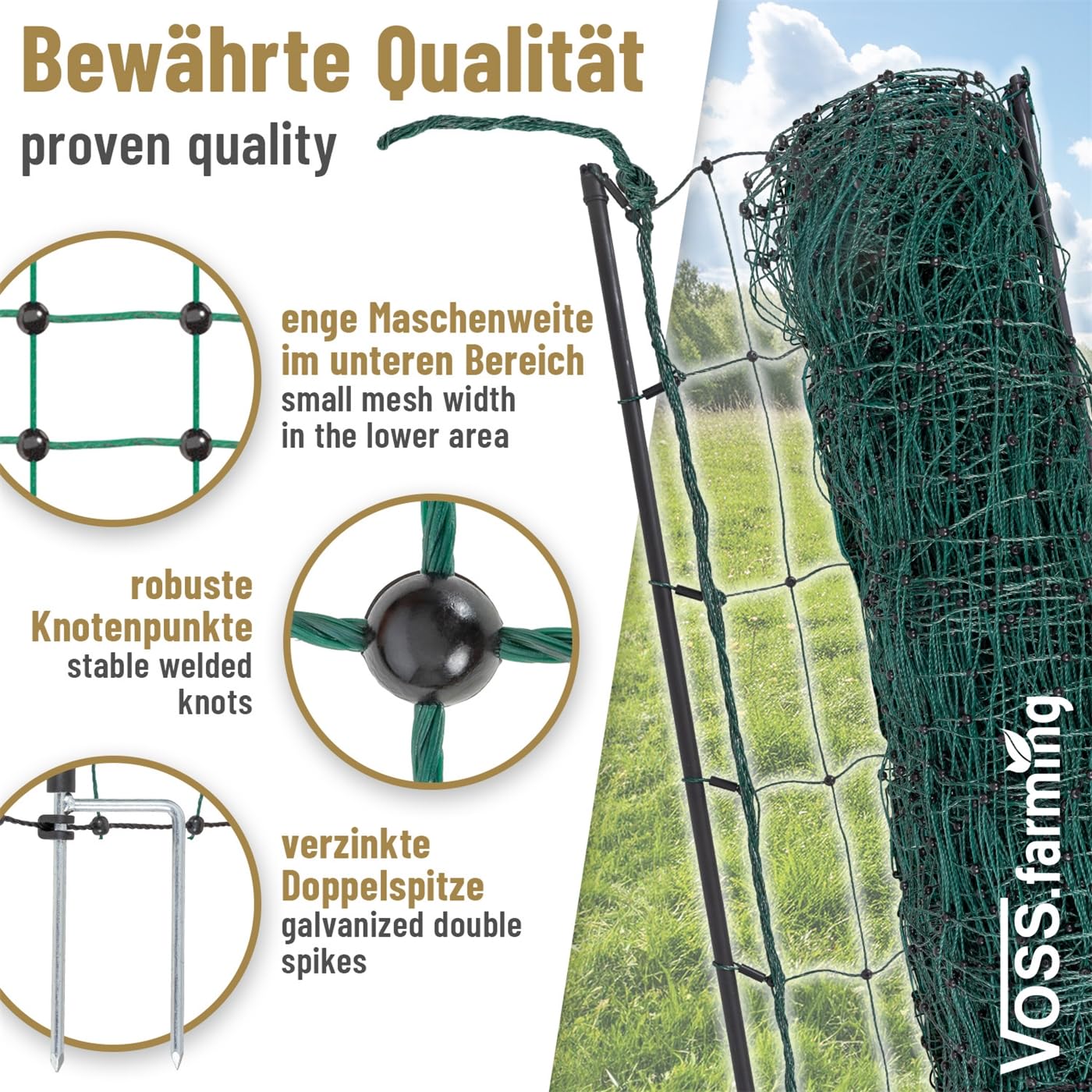 VOSS.farming Geflügelnetz 25m 112cm hoch Basic Hühnerzaun Nicht elektrifizierbar, 7 stabile Pfähle mit Doppelspitze, grüner Geflügelzaun, Flexibler Zaun, mobiler Begrenzungszaun für Hühner, Haustiere