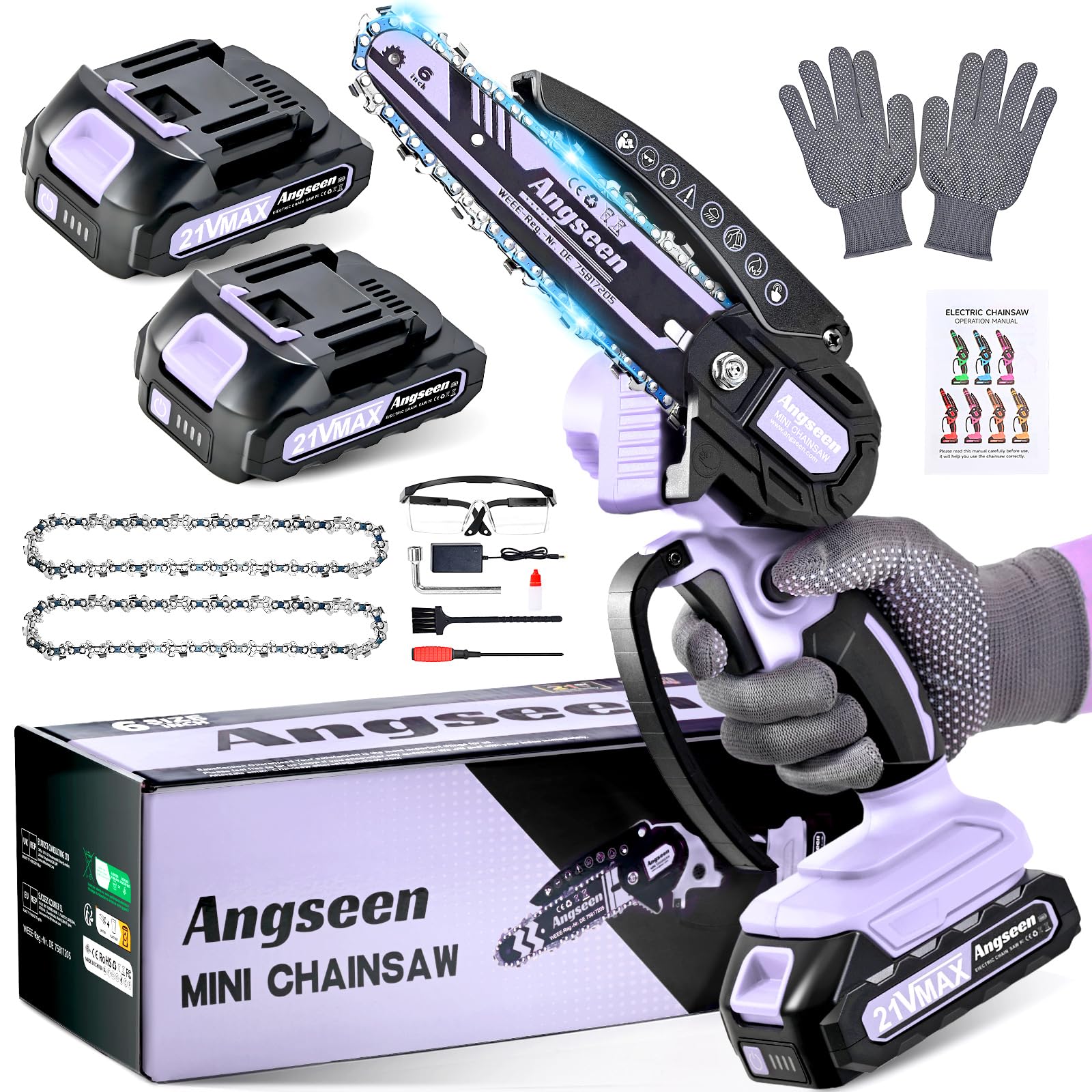 Angseen Akku Kettensäge, 6 Zoll Mini Kettensäge mit 2 Akku und 850W Motor, Akku-Astsäge mit 2 Ketten und Sicherheitsverriegelung, Starke Elektro-Handkettensäge für Holz, Astschere & Gartenarbeit