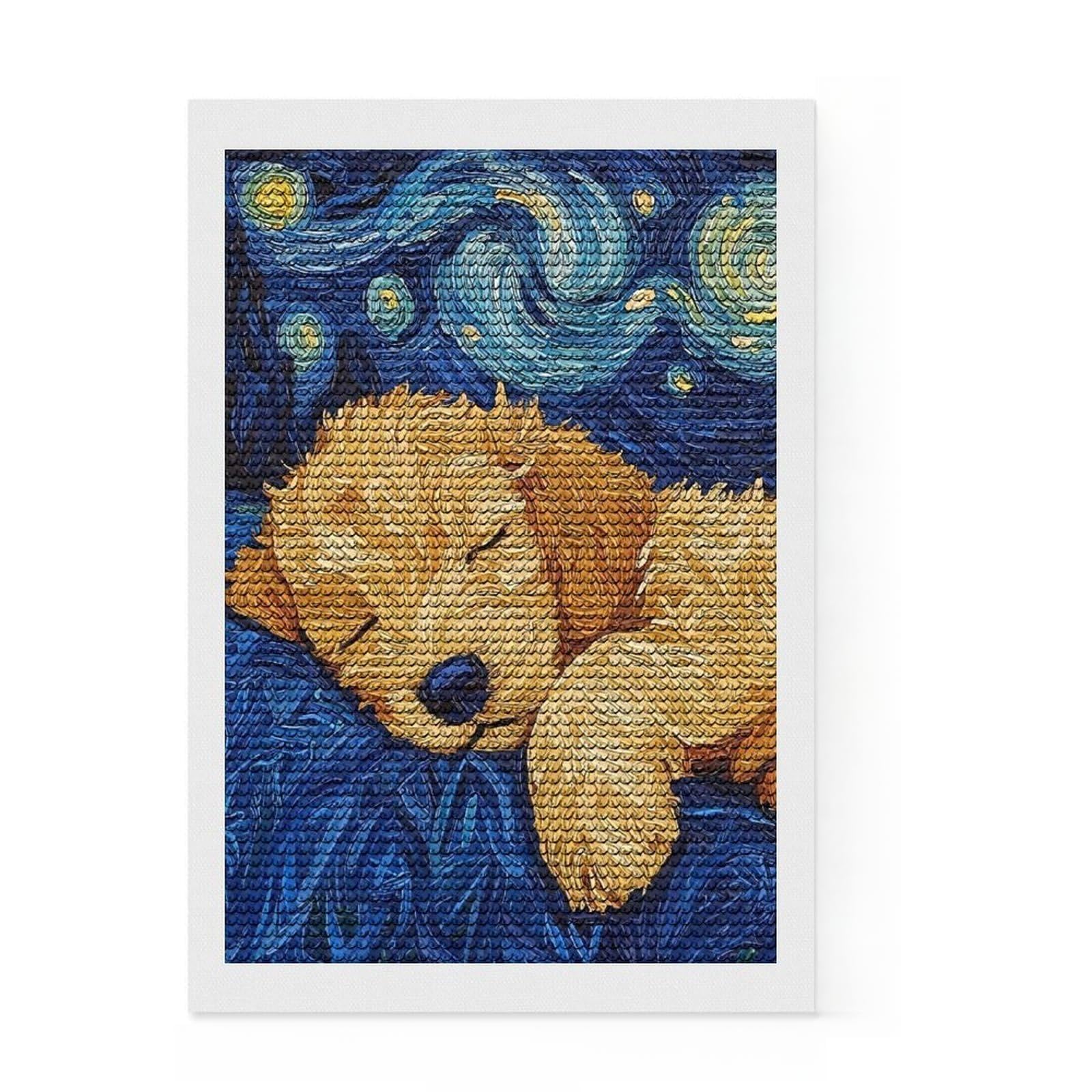 Junmoney Puppys Starry Night Crystal Diamond Art Kit 8"x12", Boho Decor, Stress Relief Craft, Full Kit Included, Fun Craft Activity