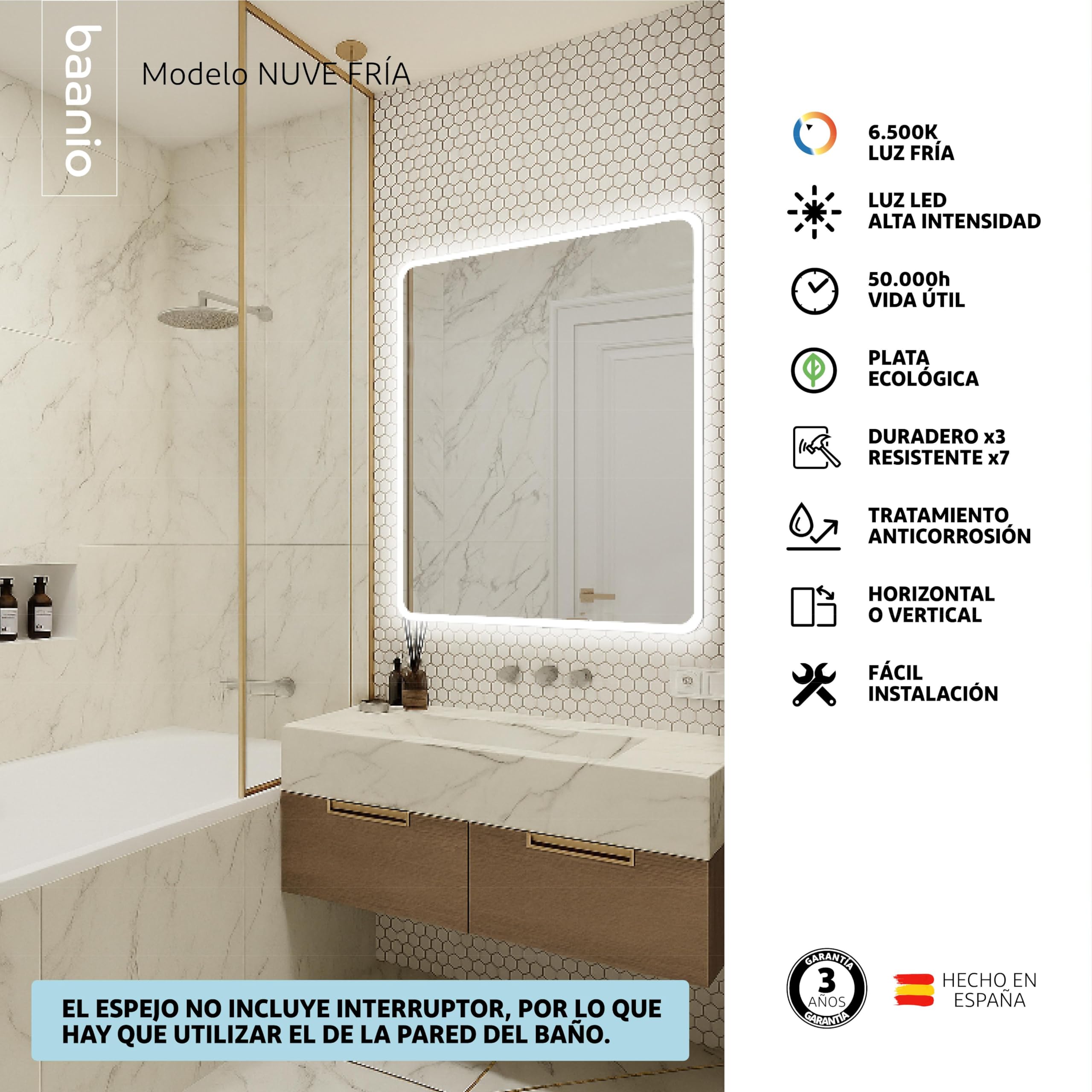 Nuve - Espejo Baño Luz LED Fría Rectangular 80x100 | Espejo Retroiluminado Esquinas Redondeadas y Decorado Mate | Plata Ecológica de 4 mm | Montaje Horizontal o Vertical