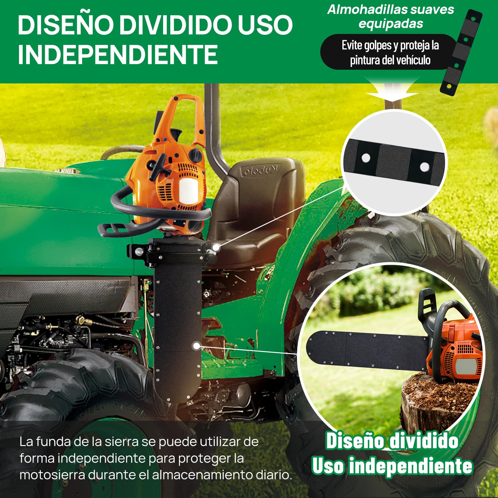 Zozen Soporte motosierra resistencia tractor Apertura lateral Universal | 5,9kg Compatible con sierras de todos los tamaños,Funda sierra, Montaje ATV/Camión,Antivibración, Portátil,Transporte seguro.