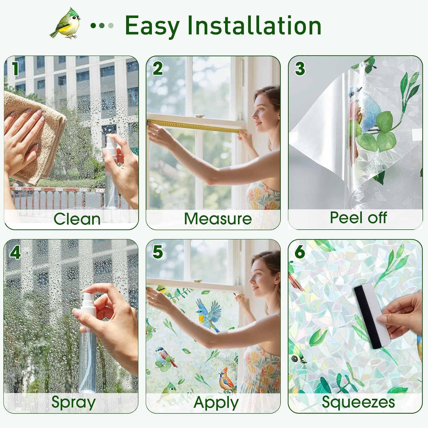 Stained Glass Privacy Window Film, Rainbow Bird & Leaf Static Cling Decorative Film for Kitchen, Bathroom & Home, Day & Night Privacy, No Glue Renter Friendly, Includes Free Squeegee, 35.4"W x 78.7"H