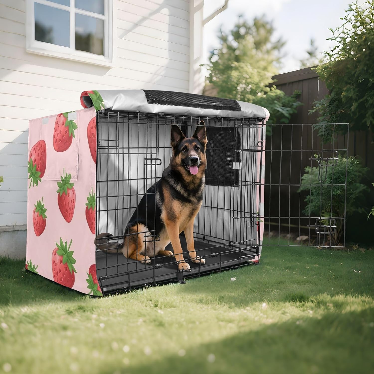 Strawberries Pink Dog Crate Cover UV-Resistant, S-XL Water-Resistant Crate Cover for Pet Owners, Large