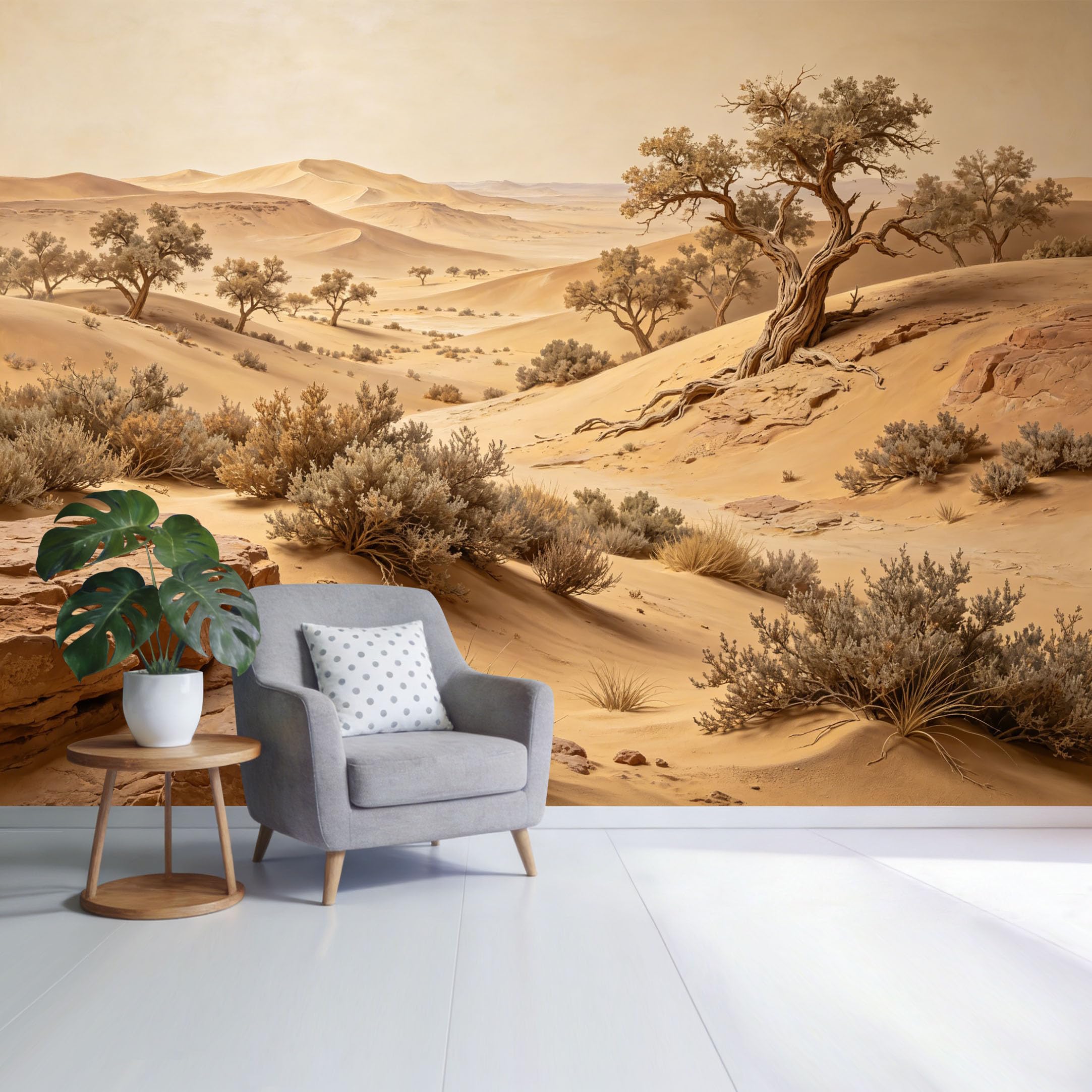 Custom Size Wall Mural Desert Landscape Golden Sand Dunes Dry Tree Bushes Natural Scenery Minimalist Style SelfAdhesive Wall Fabric Removable Wallpaper for Home Office Decor