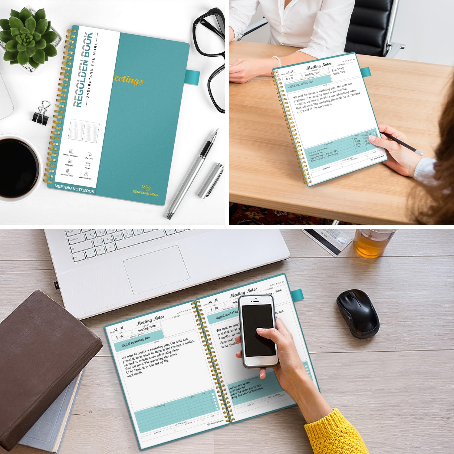 Regolden-Book Taccuino per riunioni per lavoro con oggetti d'azione, agenda per pianificare progetti per prendere appunti, appunti per ufficio/riunioni di lavoro, organizer per uomini e donne, 160
