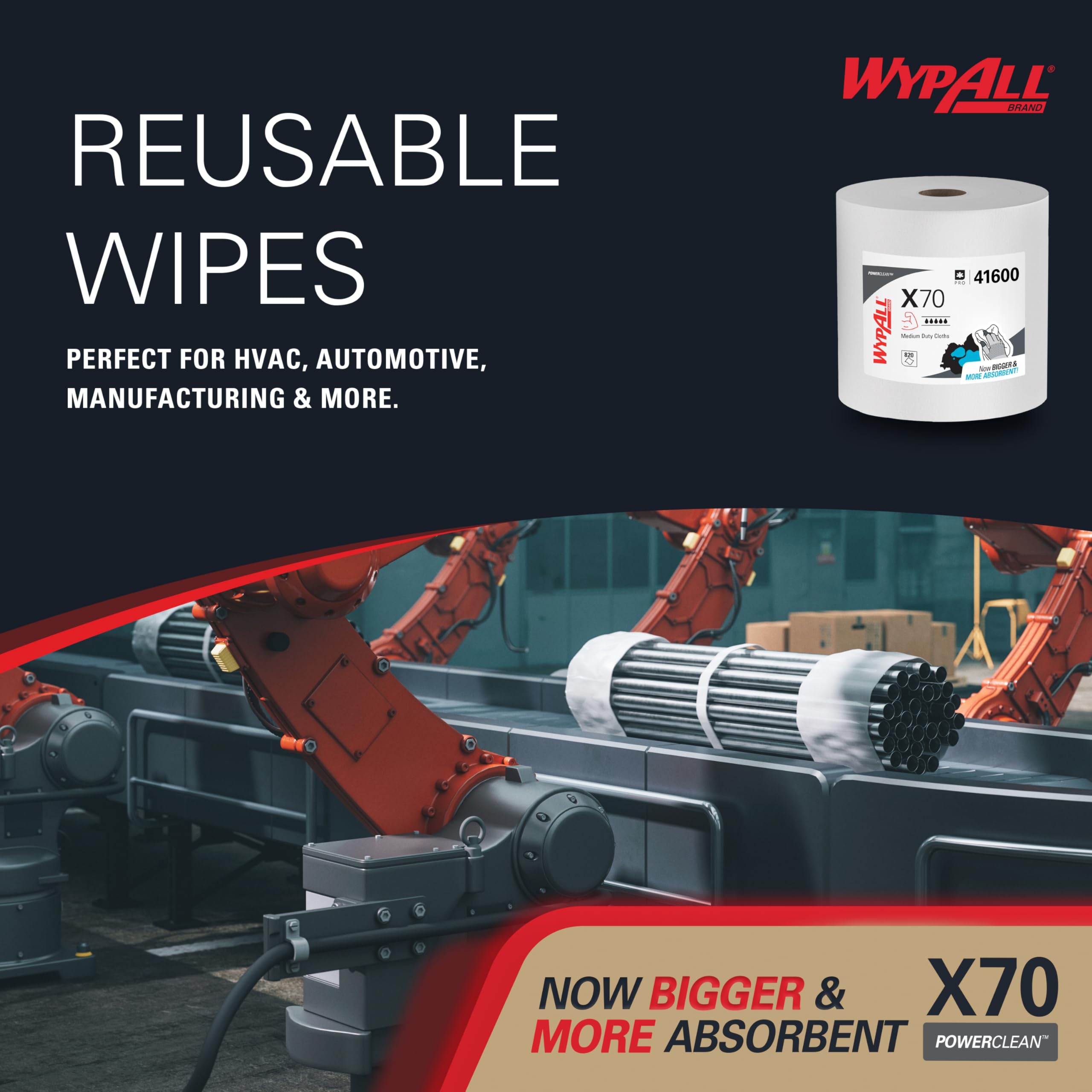 WypAll X70 Rollo de Paños de Limpieza 8348, 1 Capa, Fuerte y Absorbente, 1 Rollo x 870 Paños Blancos