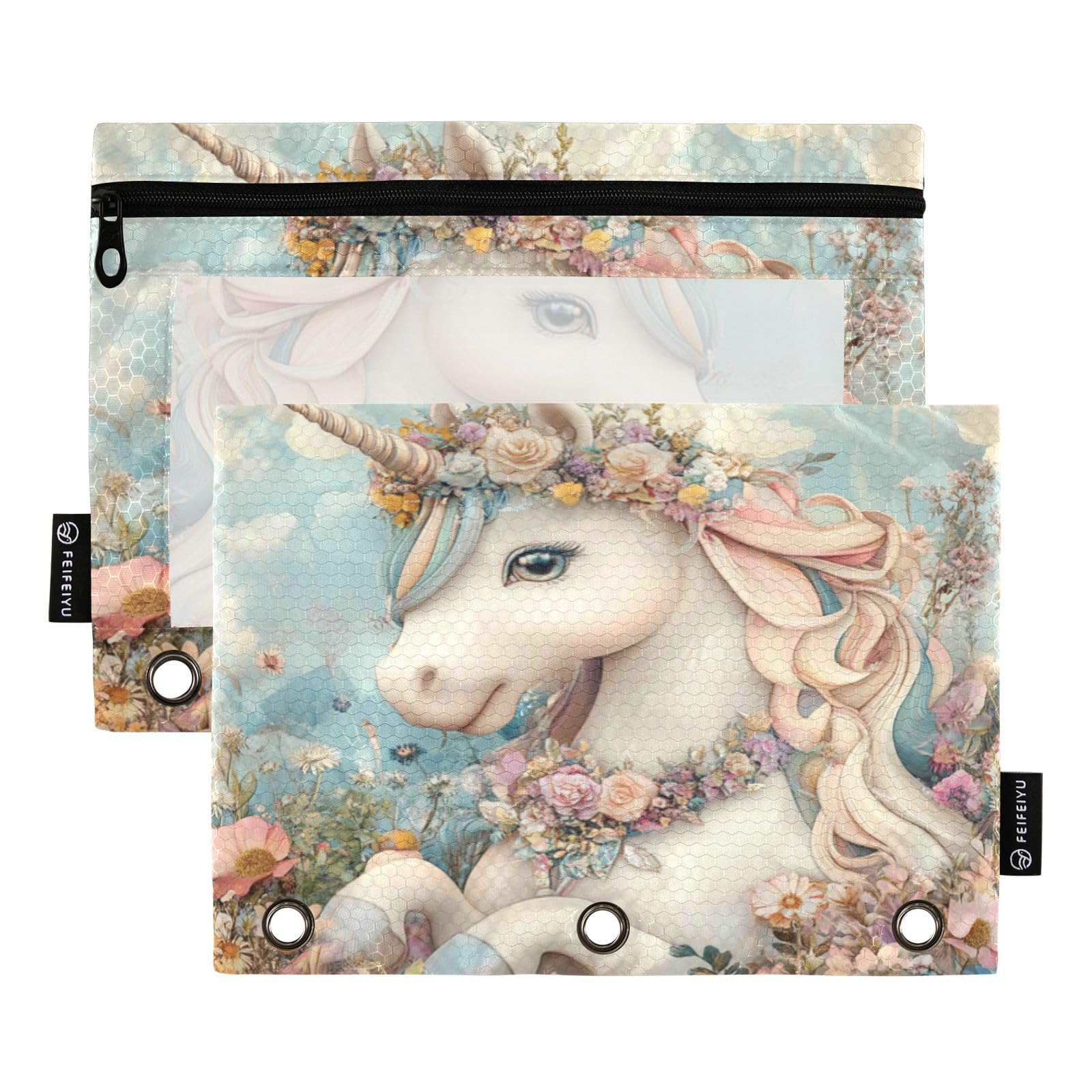 Binder Pouches 3 Ring for Boys Girls Cute Unicorn Zipper Pencil Pouches Case Bag with Clear Window School College Office Supplies 2 Pack