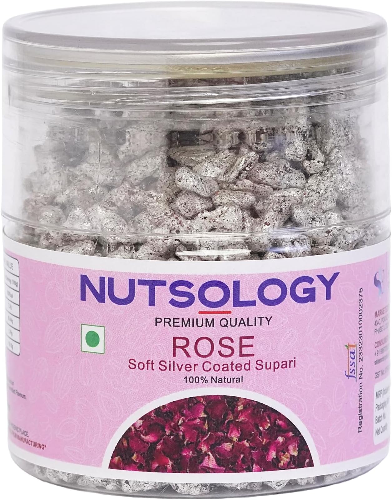 Nutsology Gulab/Rose Soft Silver Coated Supari | 150gm | PET Jar Pack | Gulab/Rose Flavour