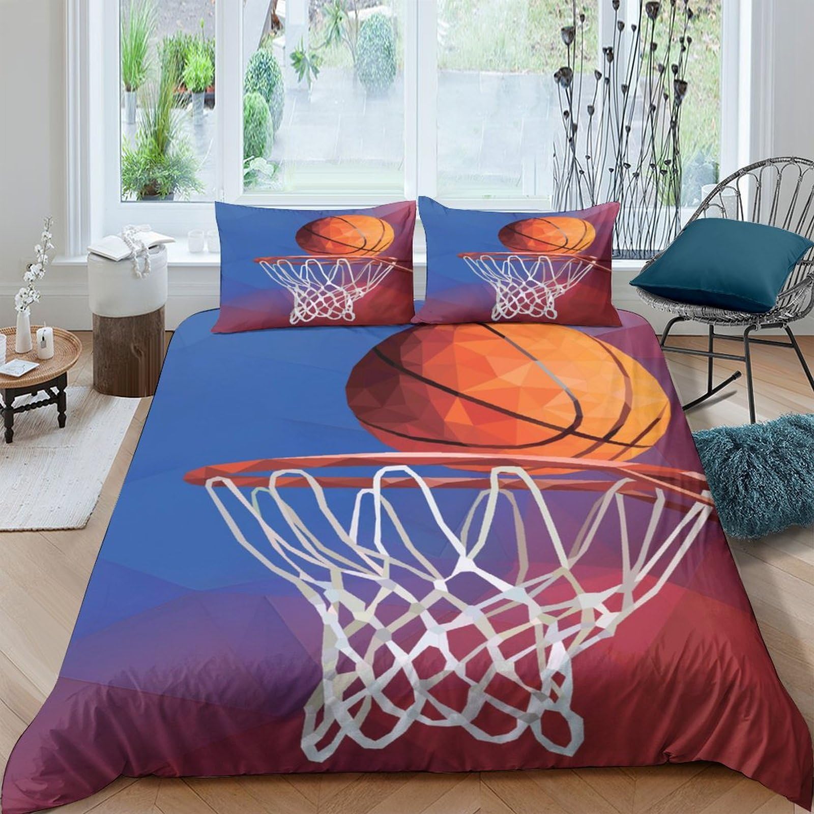 GPLZQXKJNH 3D Printed Basketball Hoop Duvet Cover Microfiber Soft Breathable Bedding Set with 2 Pillowcases for Bedroom Decor Single（135x200cm）