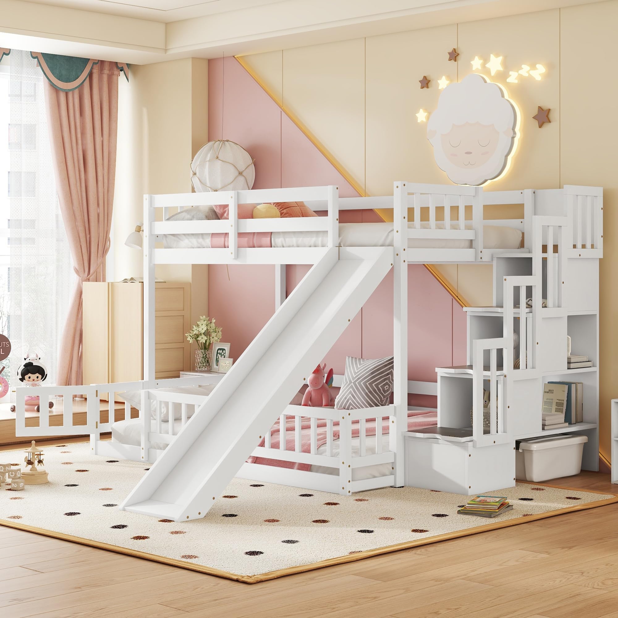 Twin Over Full Bunk Bed with Slide and Storage Staircase,Floor Bunk Beds,Kids Bunk Bed with Safety Guardrails,Low Bunk Bed for Girls Boys,White