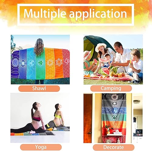 Miniatura 5 de Neasyth - Tapiz con chakras, alfombra de yoga y meditación, tapete de piso mexicano rayado con borlas, 59 pulg