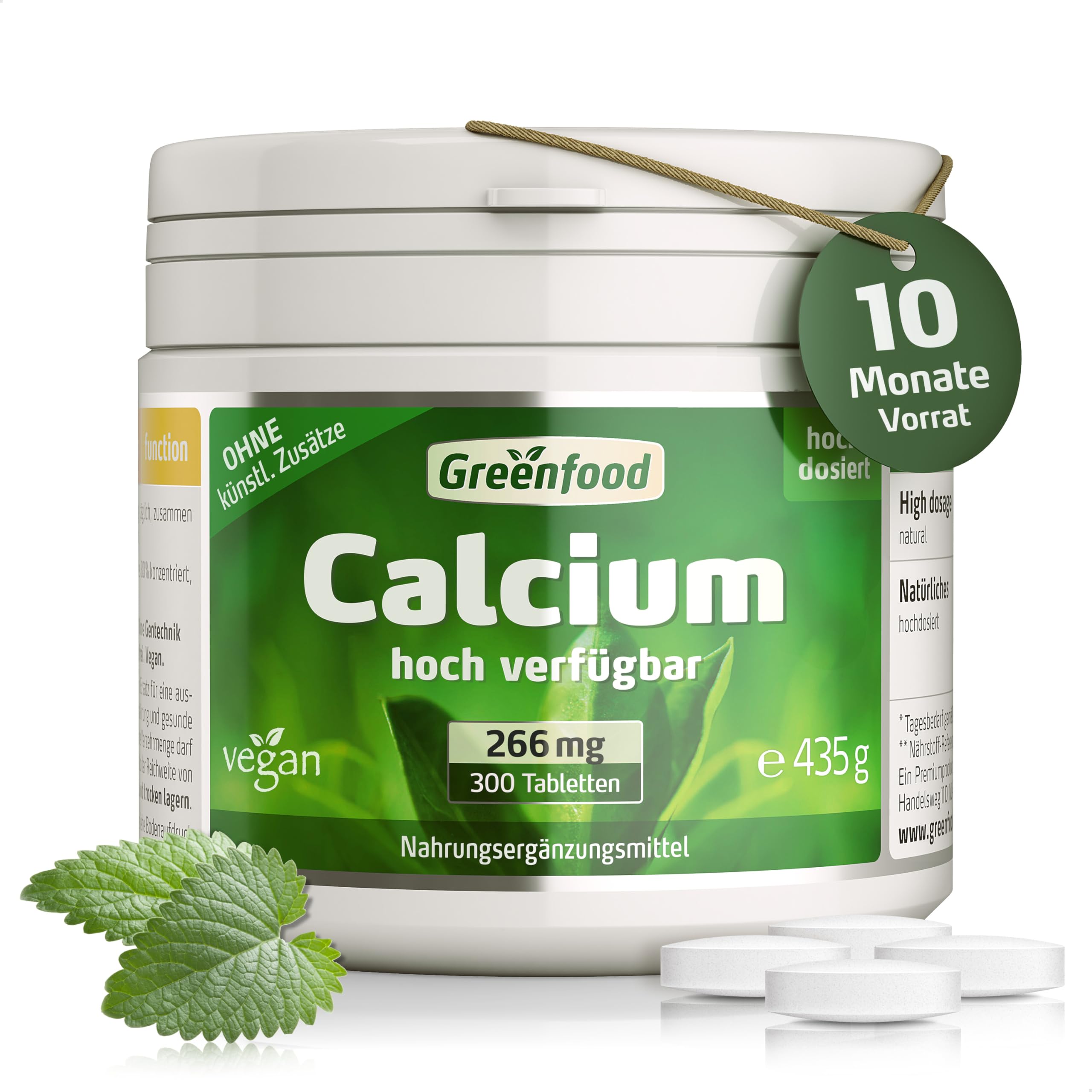 Calcium, hochdosiert, 266mg - 300 Tabletten, vegan. Calciumcitrat (hohe Bioverfügbarkeit) - für Zähne, Knochenerhalt & Muskelfunktion. OHNE künstliche Zusätze - laborgeprüft. Von Greenfood.