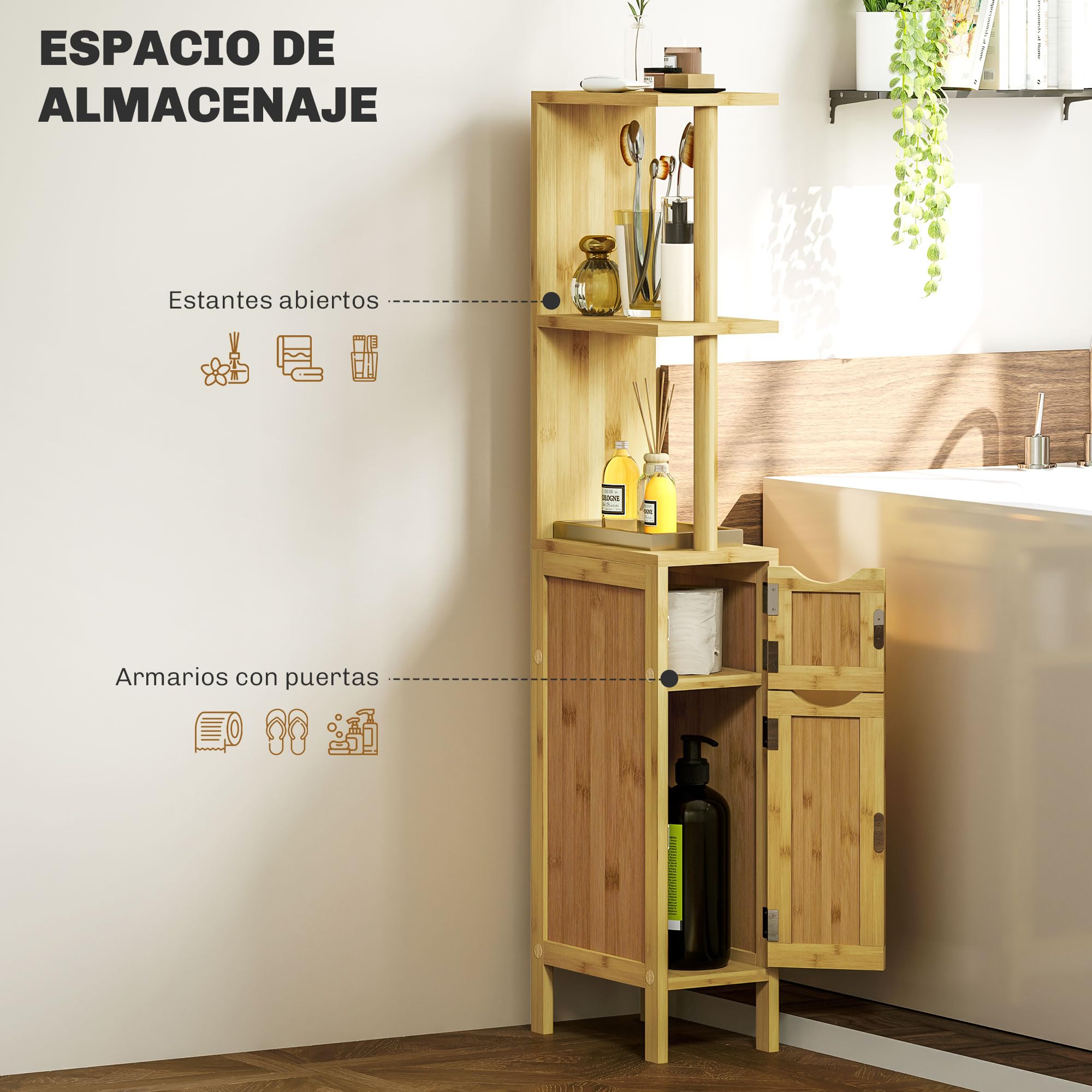 HOMCOM Columna de Baño Mueble de Baño Moderno con Puertas y Estantes Abiertos 18x30x120 cm Natural