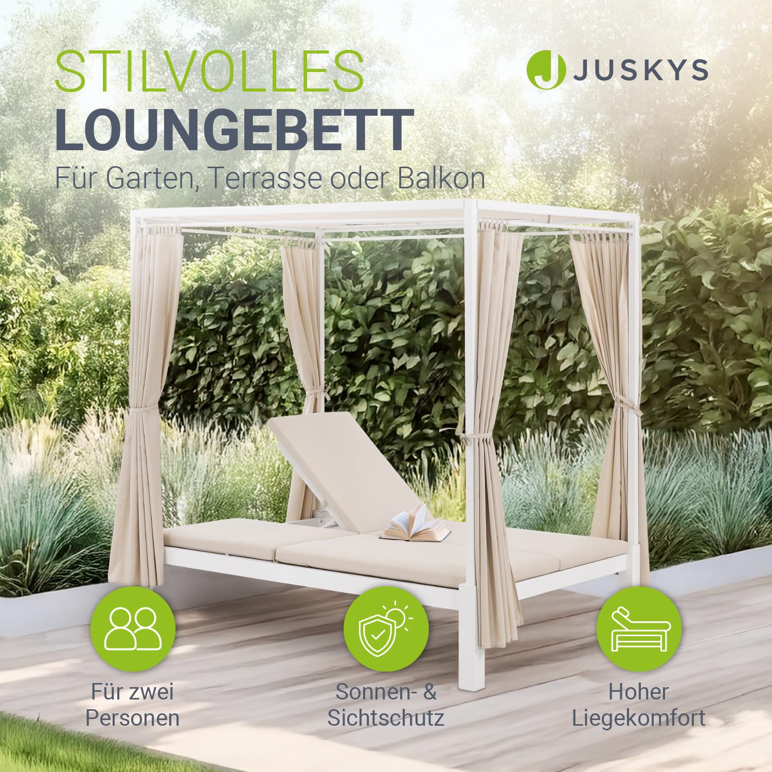 Juskys Doppel Loungebett Kreta - Gartenliege für 2 Personen - Dach & Rückenlehne verstellbar - Sonnenliege für Terrasse, Garten & Balkon - Liege Weiß