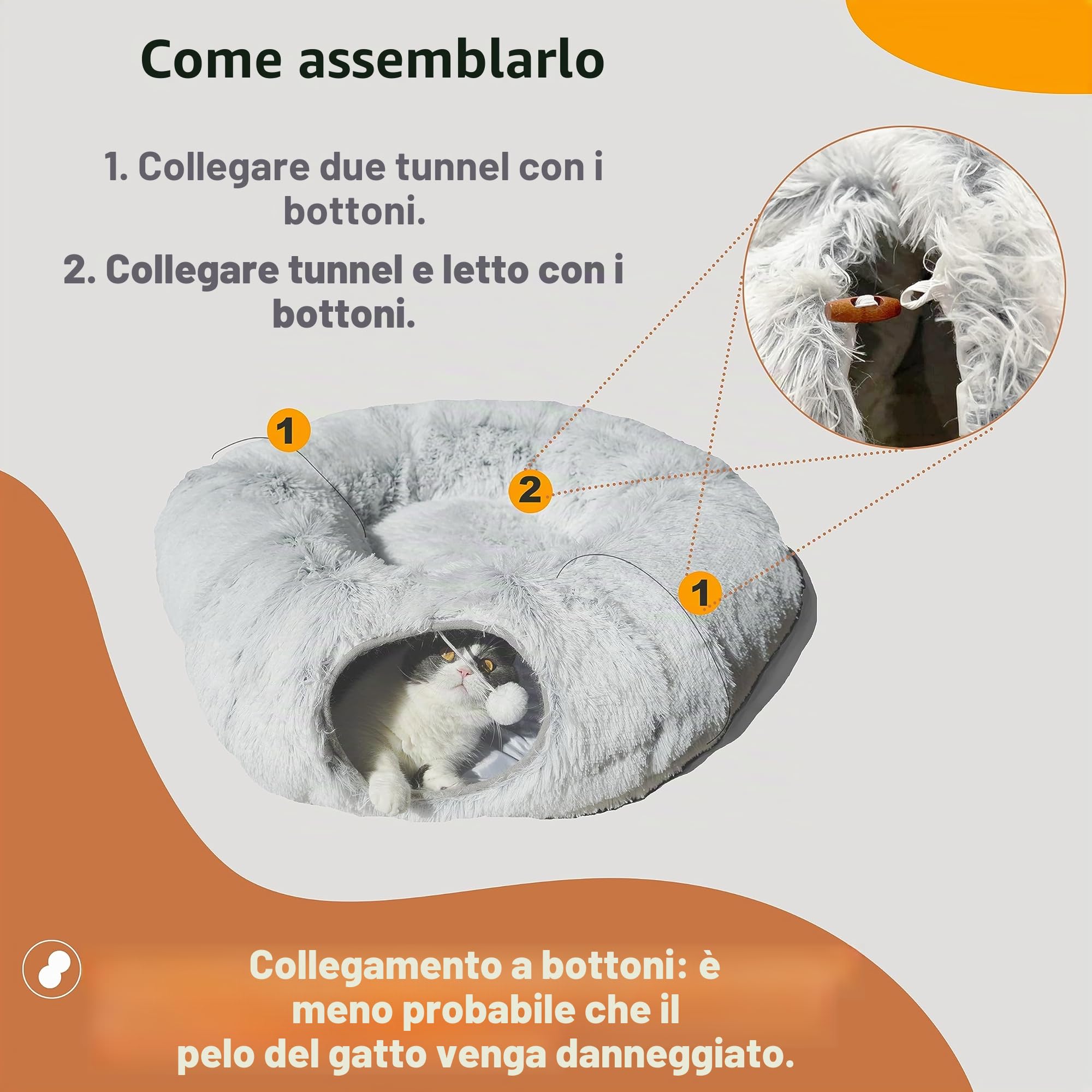 Letto a Tunnel per Gatti, Tunnel per Gatti Grandi, Grigio Chiaro
