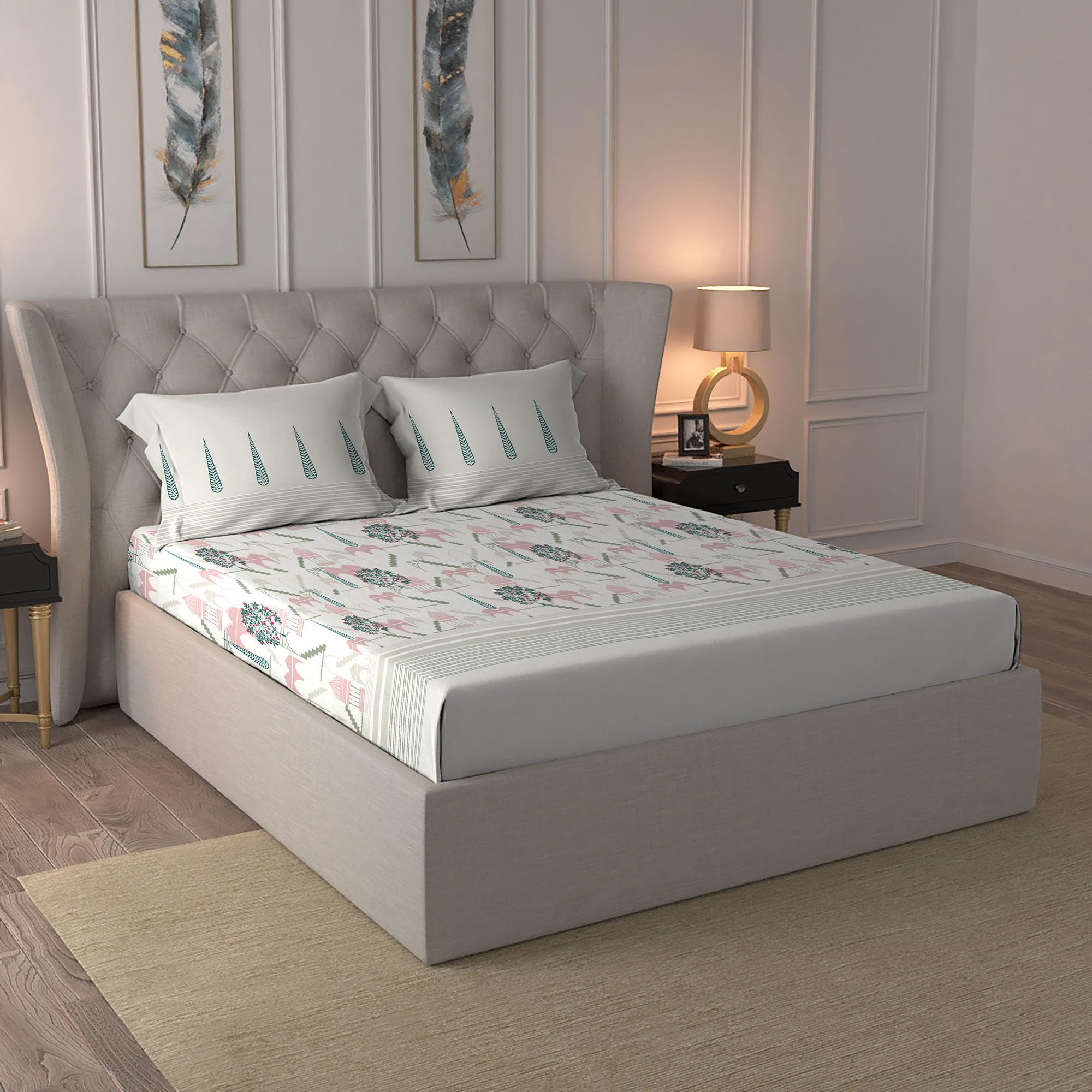 Trident King Size Bedsheet Cotton | Road to Jaipur Collection | 100% Cotton Bedsheet for Double Bed Cotton | 1 King Size Bedsheet with 2 Pillow Covers | Superior Softness | 210 Thread Count-Noor Pink-image-28