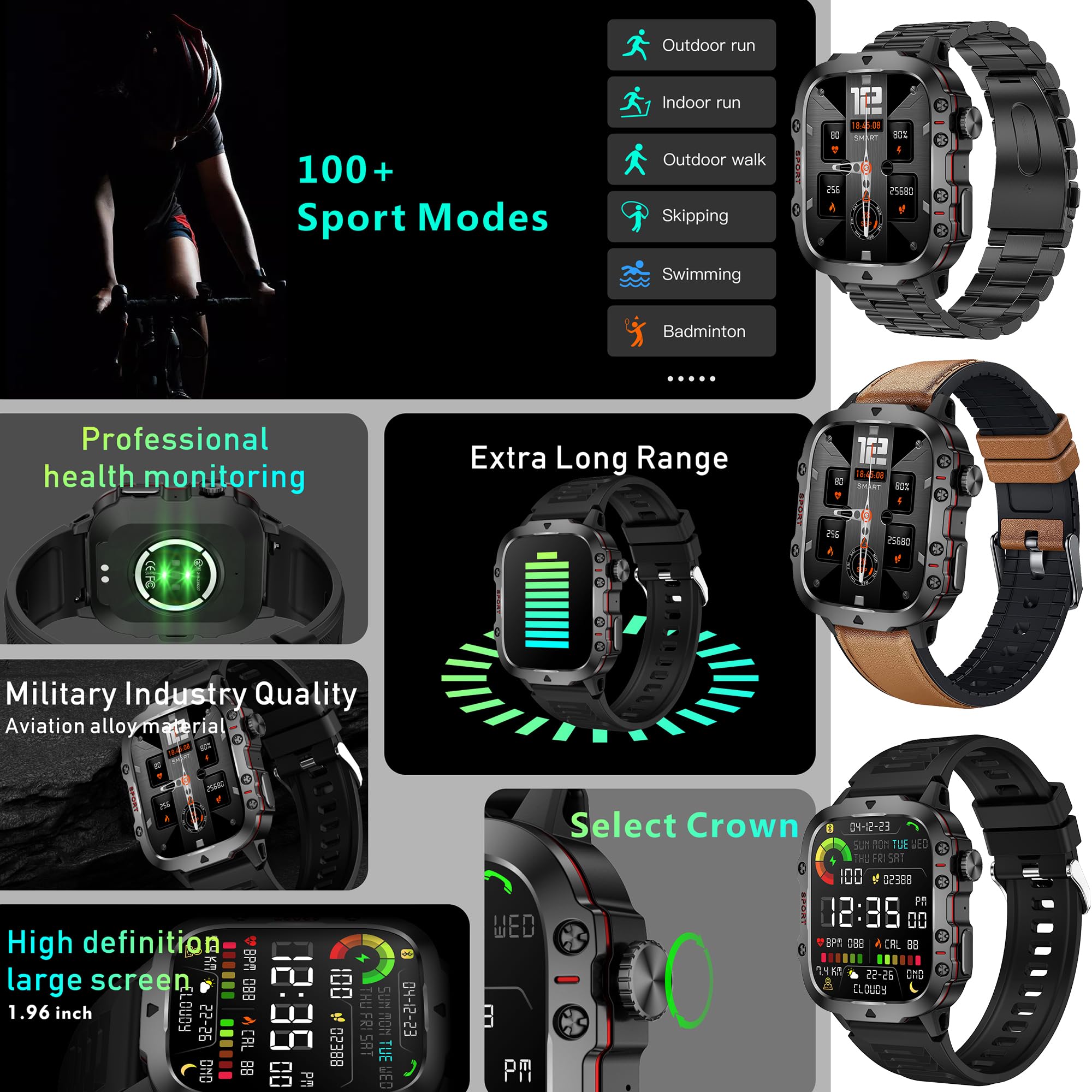 Reloj Inteligente Hombre con Llamadas, 1,96 Pulgada Smartwatc Hombre Deportivo con Podometro Pulsometro SpO2 Sueño Presion Arterial Actividad 3ATM Reloj Digital para iOS Android (Negro)