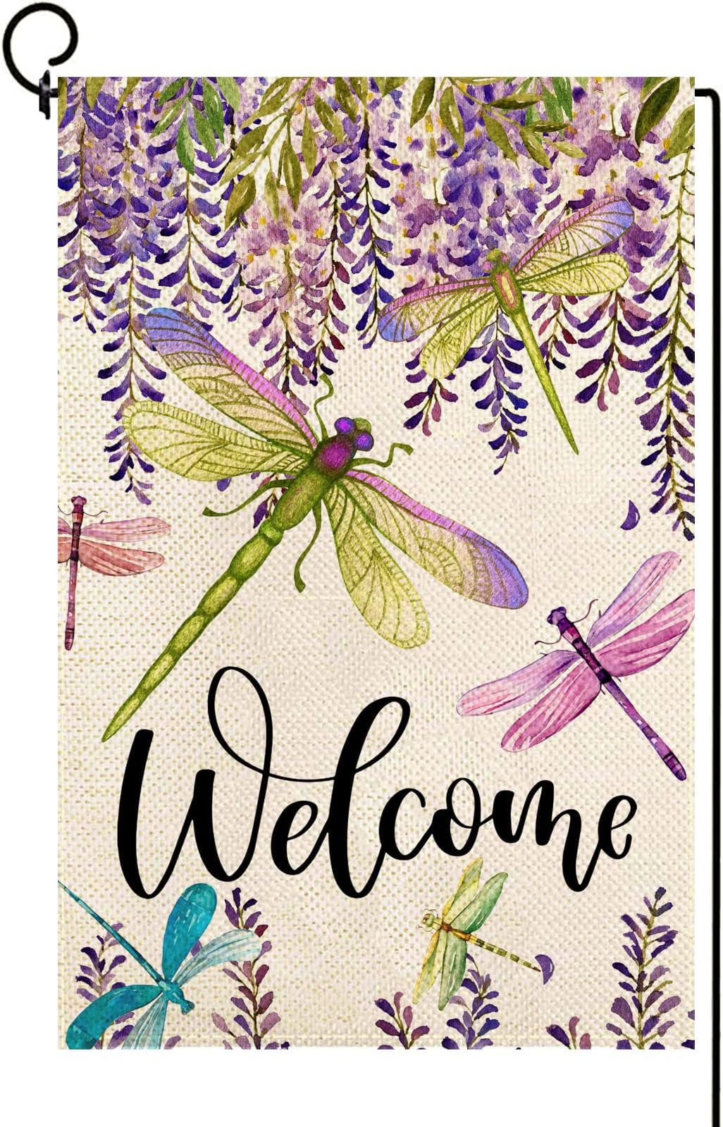 Baccessor Spring Summer Flower Garden Flag Wisteria Dragonfly Floral Welcome Small Yard Flag Burlap Double Sided Vertical Seasonal Farmhouse Wedding Outside Outdoor Decoration 12.5x18 Inch