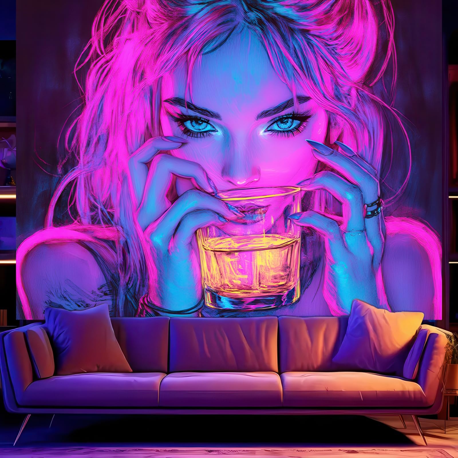 BlissYard Blacklight Tapestry Bedroom Cool Cute Girl Anime Wall Tapestry Aesthetic UV Reactive Purple Tapestries Glow In The Dark Art Wall Hanging Poster Room Bedroom Party Backdrop Decor 78x59 Inch