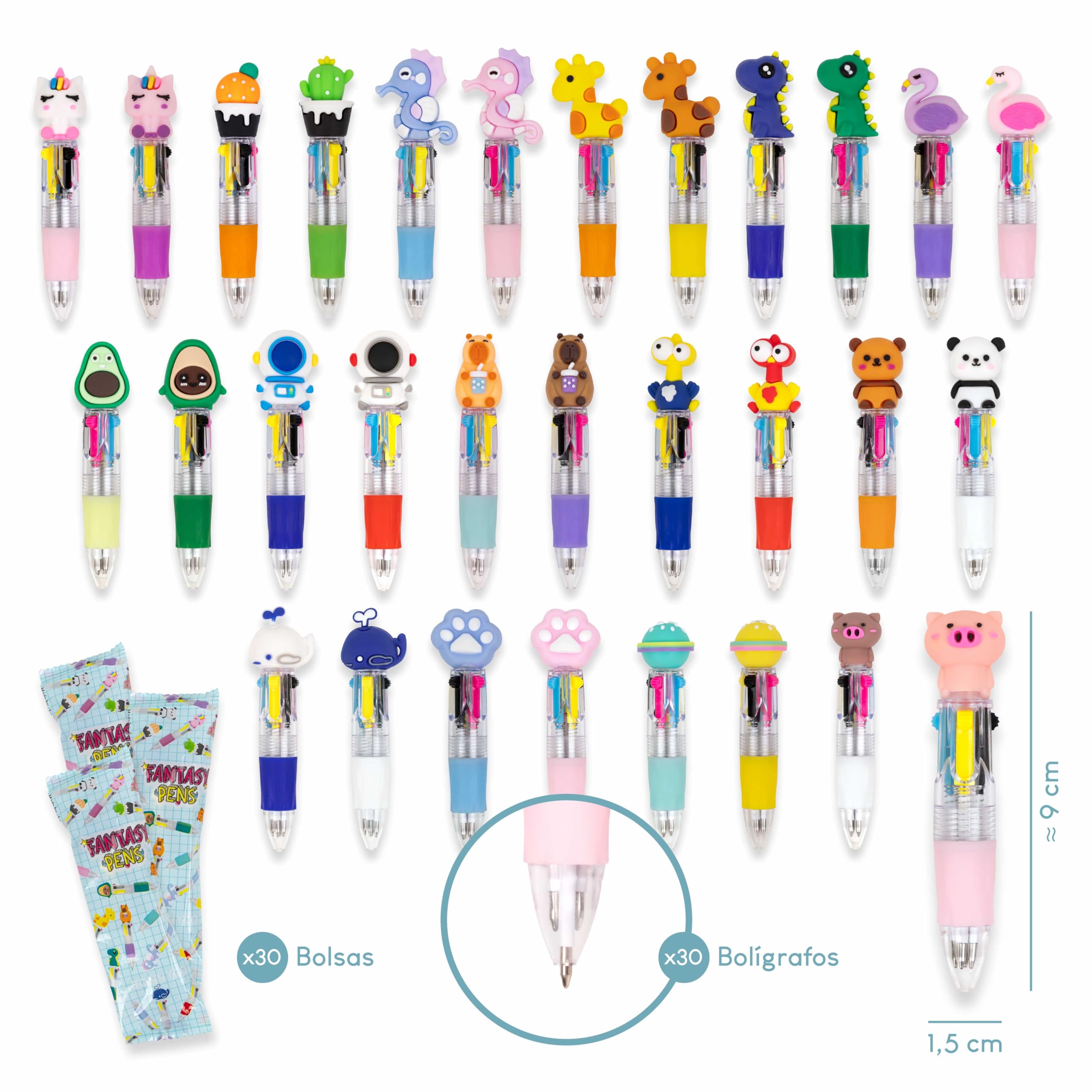 BONNYCO Boligrafo Multicolor 4 Colores con Figuras Divertidas, Pack 30 Regalos Cumpleaños Niños Colegio
