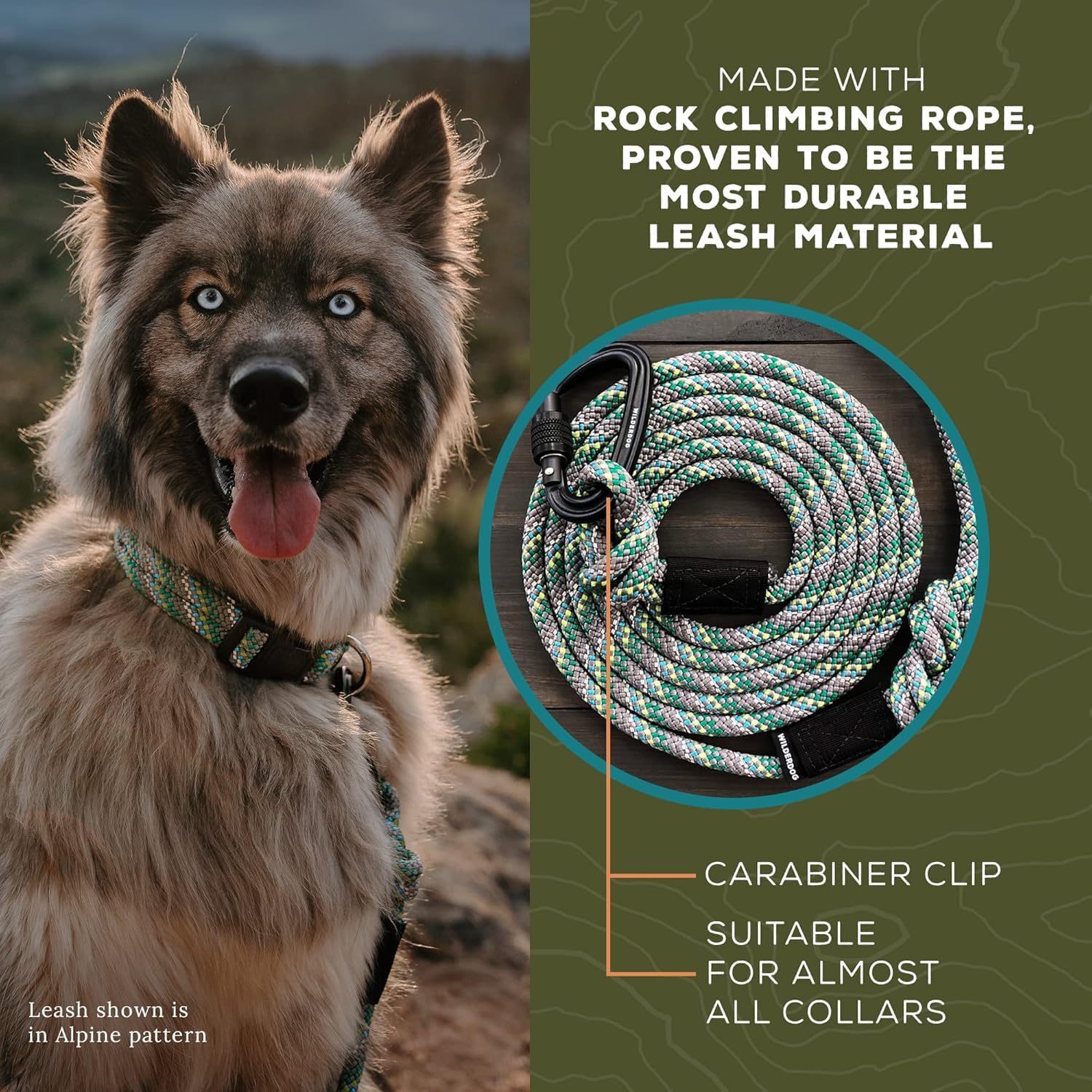 Wilderdog Correa para perro de cuerda de escalada con mosquetón grande, 10 pies, alpino, 1 unidad, 1 unidad
