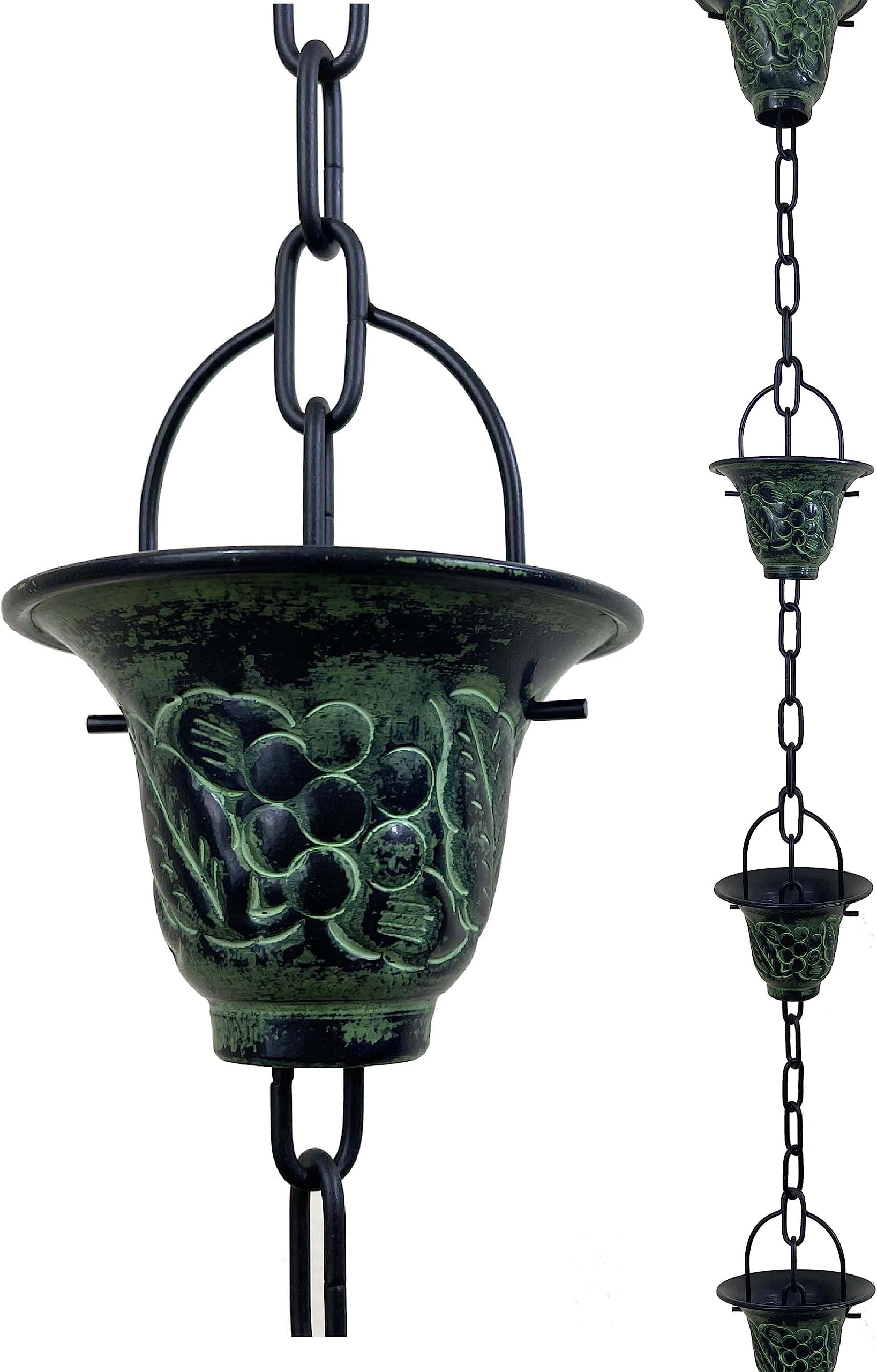 8.5 ft Grape Leaf Vineyard Cups Green Patina, to Replace Roof Gutter Downspout, with Installation Kit, Rainwater Catcher/Water Diverter, JAS8005GN