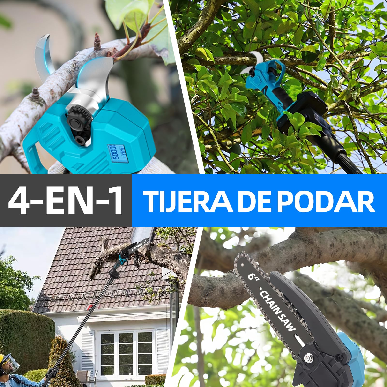 4 en 1 Podador de altura a batería Mini motosierra de 15 cm (6″) con telescópico (2,5 m) + Tijera eléctrica de 35 mm, incl. 2 baterías 21V – perfecto para cuidado de árboles y poda de ramas