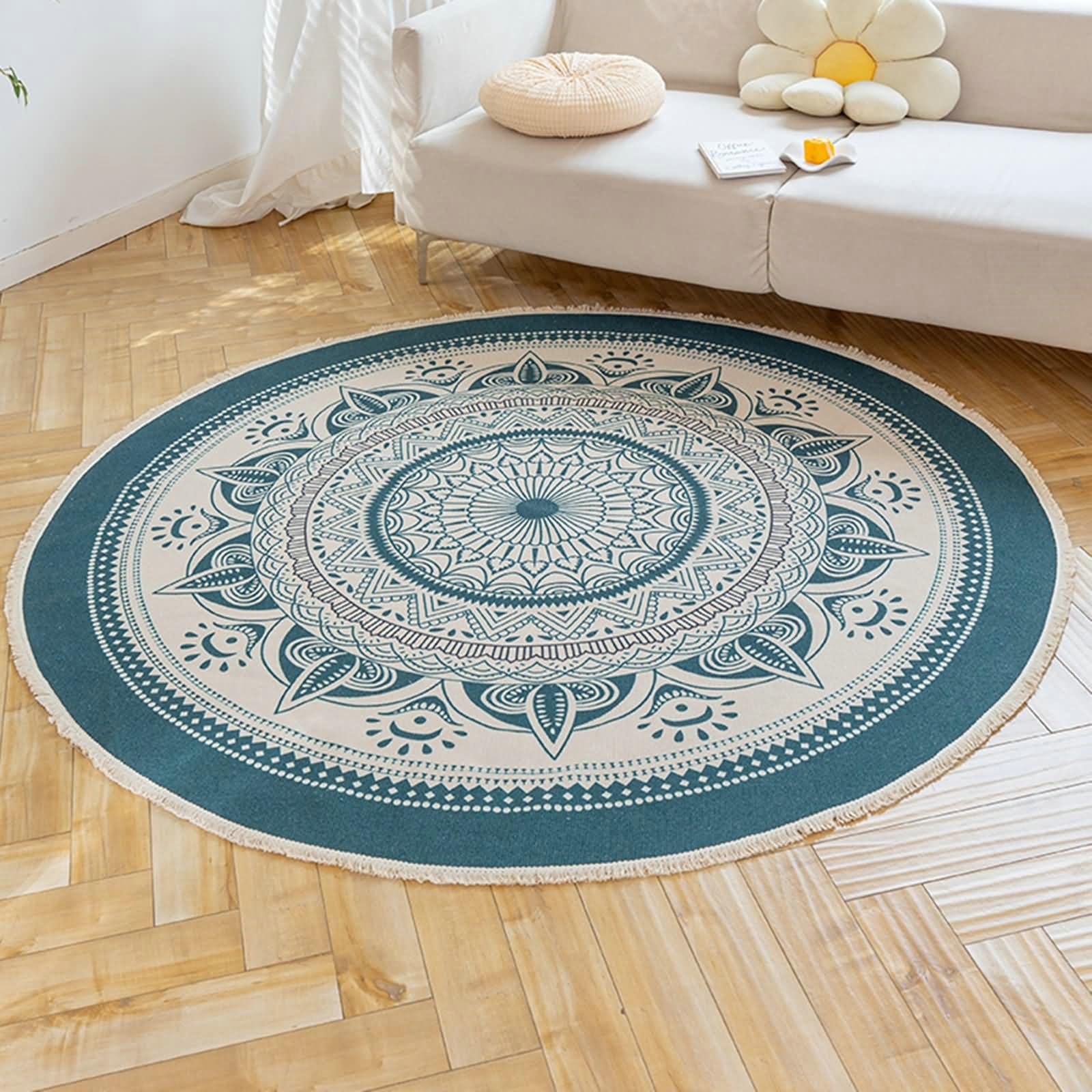 Gualiy Tapis Salon Moderne, Tapis Rond Anti Dérapant Motif Imprimé de Style Ethnique avec Frange Tapis Lavable 150cm Vert Foncé
