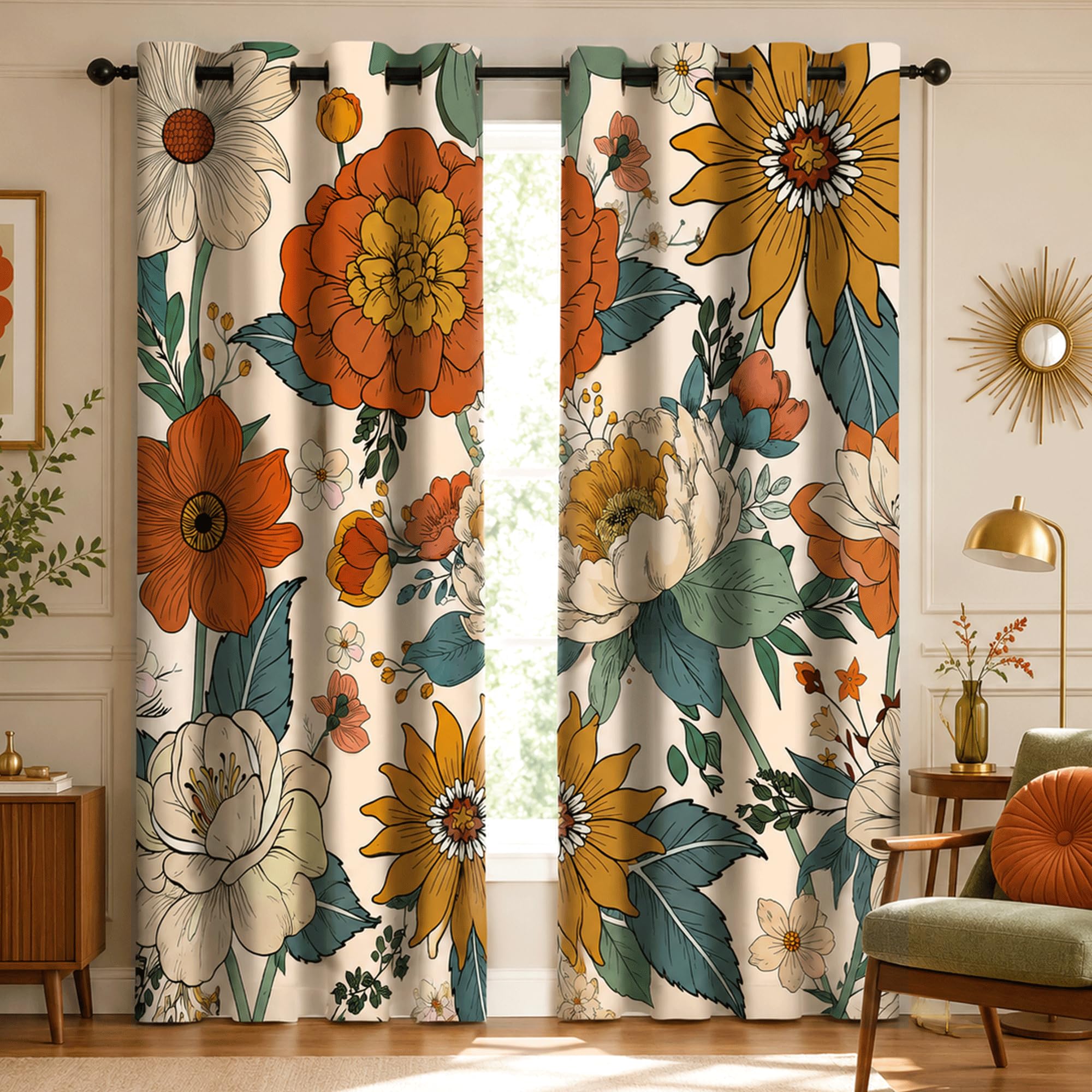 Boho Floral Blackout Curtain, Vintage Rustic Farmhouse Botanical Flower Abstract Modern Bohemian Window Curtains Living Room Bedroom Decor Darkening Window Drapes Treatments, 2 Panels 52x84 Inch