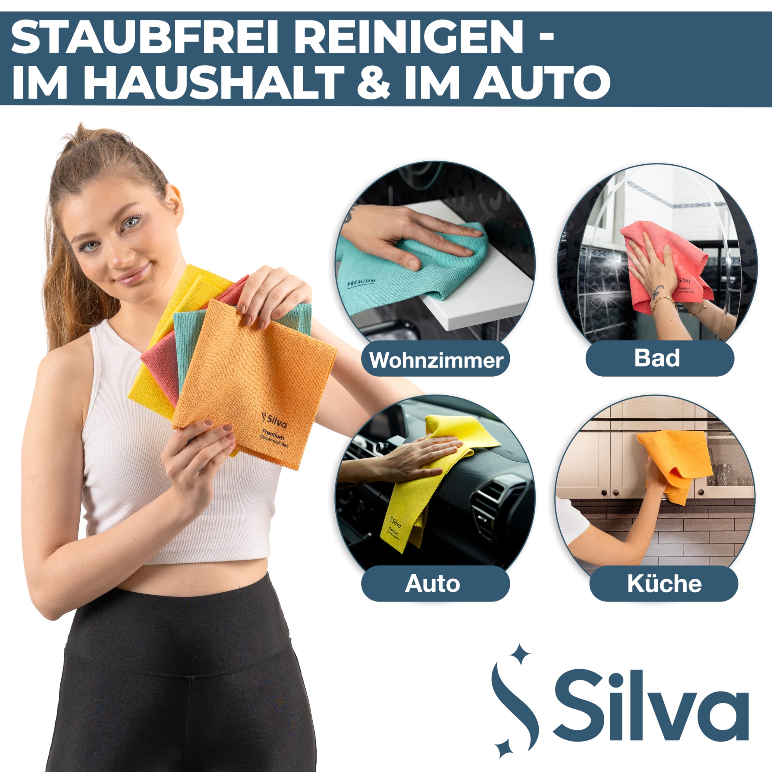 Silva Mikrofasertücher 38x35 cm – 12er Set Mix Farben – Fusselfrei, kratzfrei & saugfähig – Waschbare & Wiederverwendbare Allzwecktücher für Küche, Bad, Fenster, Glas, Möbel & Auto – Bunt & langlebig