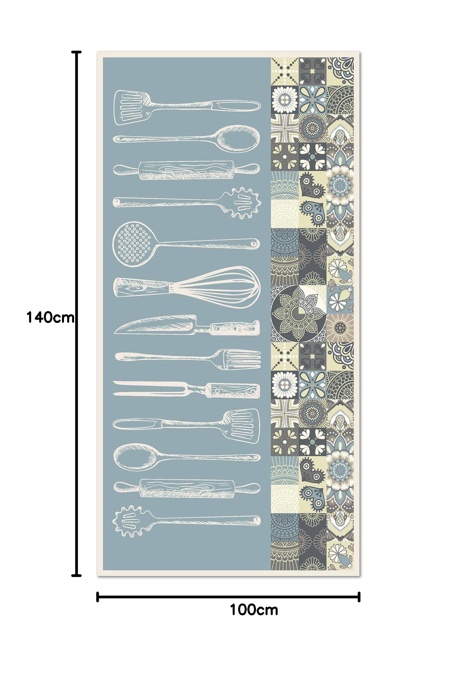 Panorama Tapis Vinyle - Modèle Cuisine Utensile Cuisine Bleu 100x140 cm - Différentes Tailles - Deco Maison, Cuisine, Chambre et Exterieur