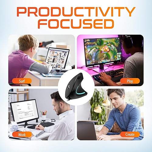 Miniatura 9 de Delton Ratón ergonómico con cable vertical S12, 6 botones, 3 niveles de DPI ajustables (80012001600) y rueda de desplazamiento 3D, compatible con