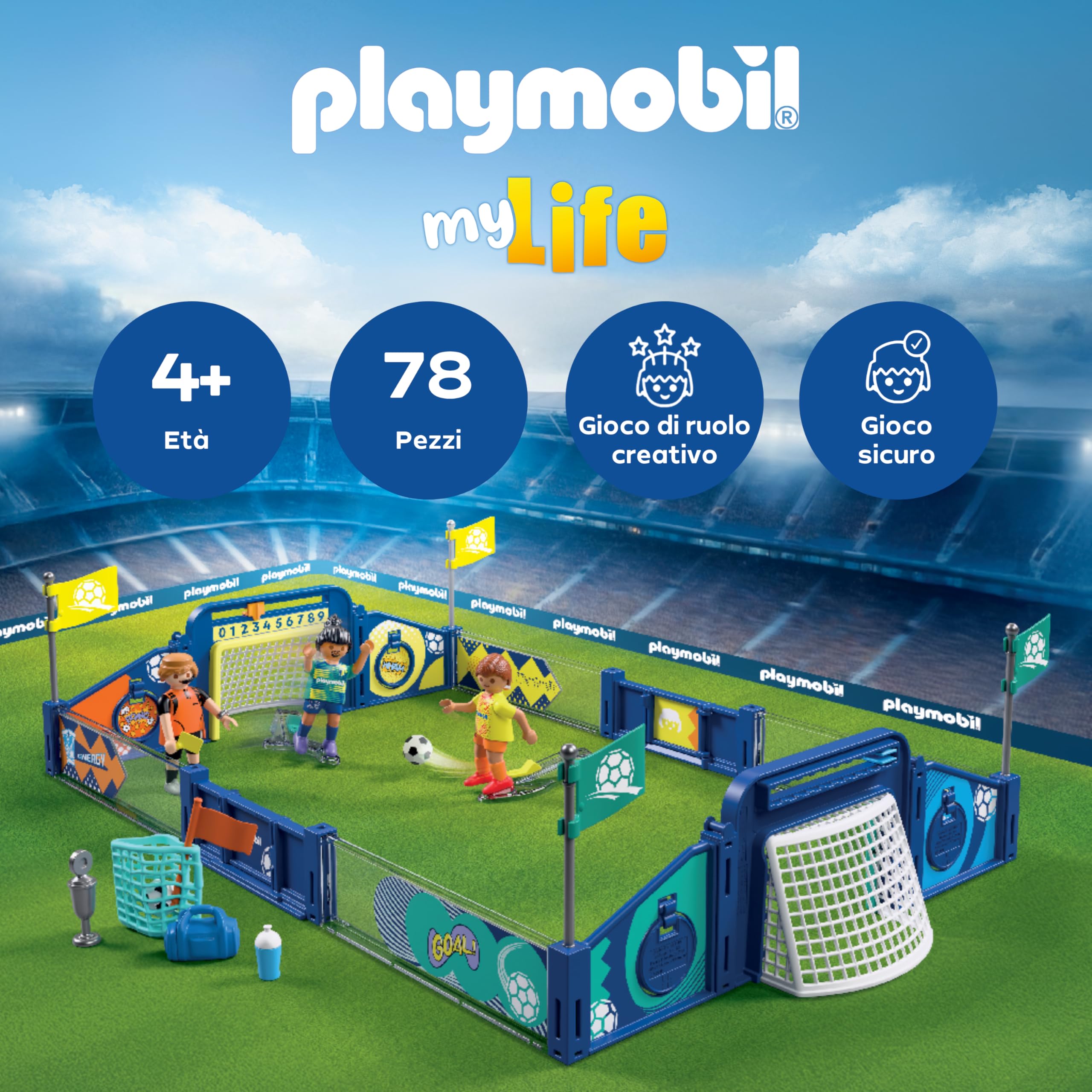 PLAYMOBIL | My Life | Calcio-Arena | Campo da gioco con meccanismo di tiro e 2 porte | Giocattolo calcio dai 4 anni in su | 72056