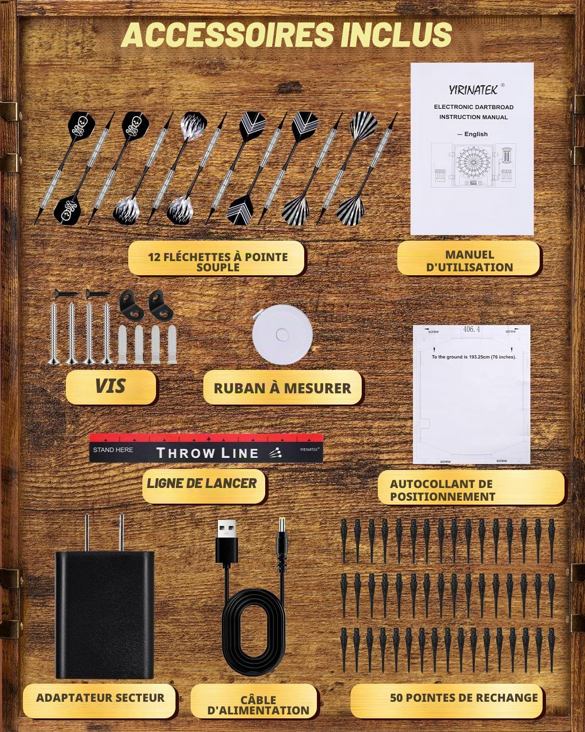 Jeu de Fléchette Électronique avec Cible LED 8 Couleurs, Armoire en Bois Rustique, 12 Fléchettes Bronze pour Maison & Bar