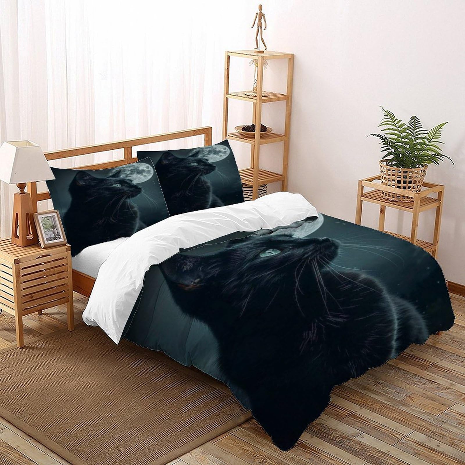 Housse de couette chat noir et pleine lune double 200x200 cm avec 2 taies d'oreiller en microfibre