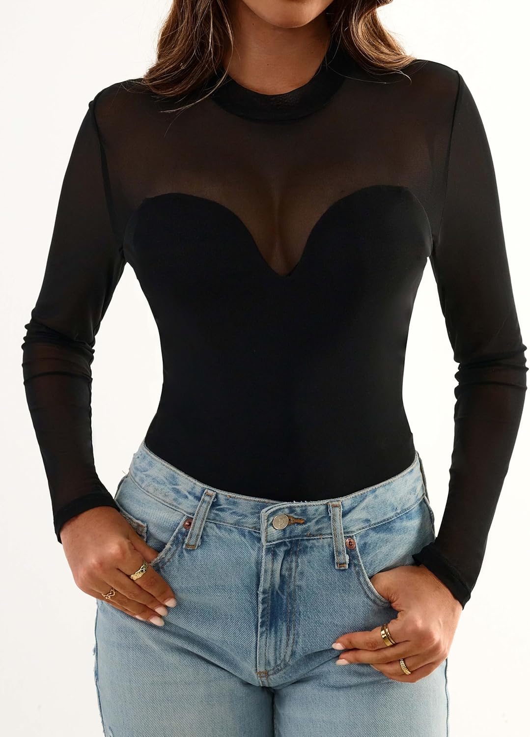 SOFIA'S CHOICE Mesh Sheer Long Sleeve Tops for Women See Through Mock Neck Shirts Going Out Tops - Image 4