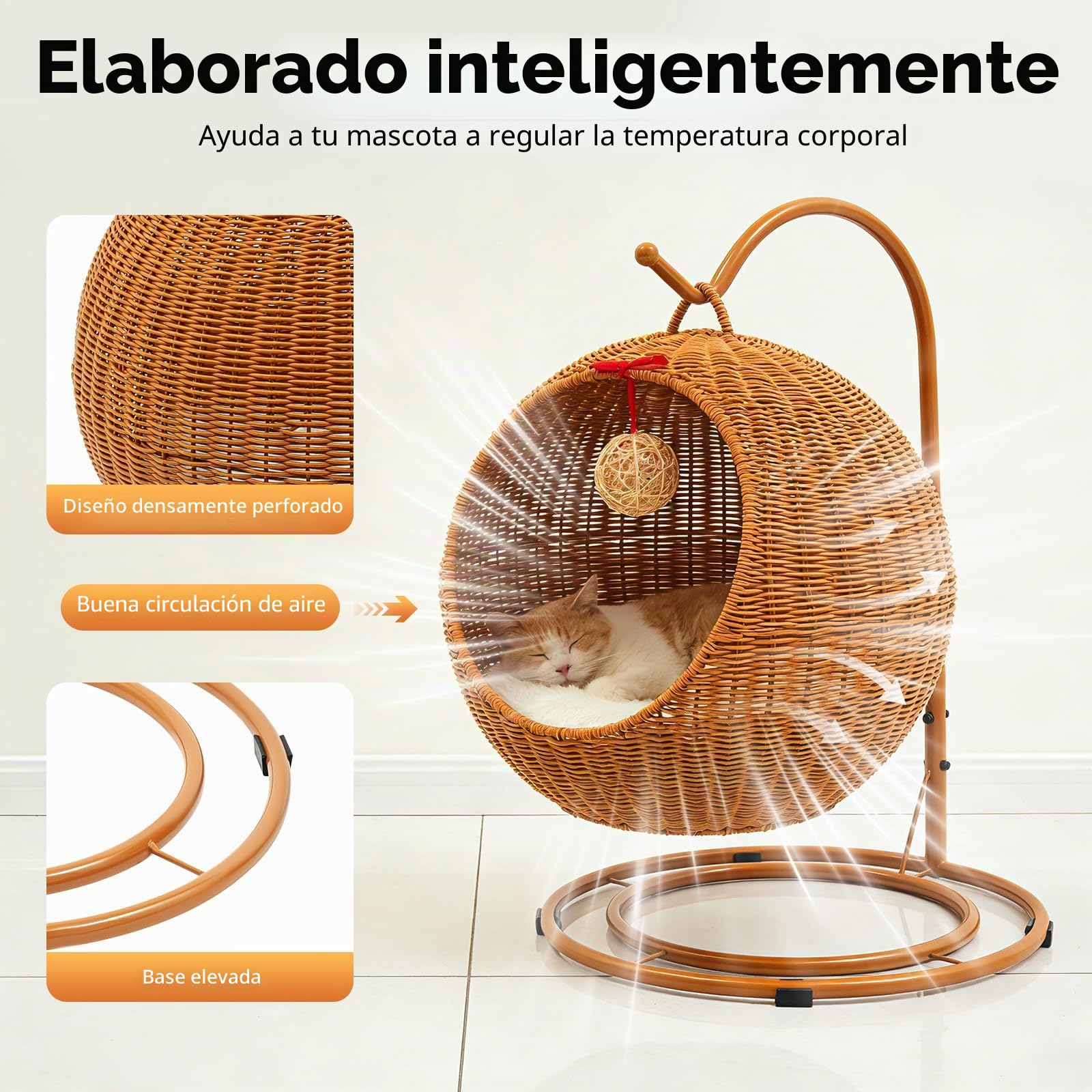Columpio para gatos, de ratán, para menores de 7,5 kg, incluye cojín suave, flojín frío y tabla para rascar gatos, columpio colgante para gatos, silla Papasan para gatos