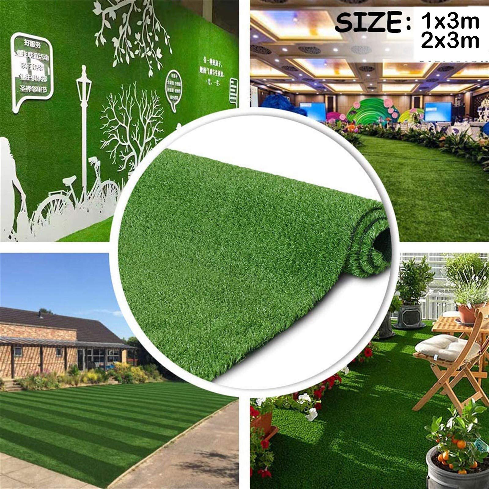 Erba artificiale 1 x 3 m/2 x 3 m, rotolo di erba artificiale non sbiadisce, tappeto erboso finto per esterni, tappeto erboso verde scuro con fori di drenaggio, erba finta ad alta densità per cortile,