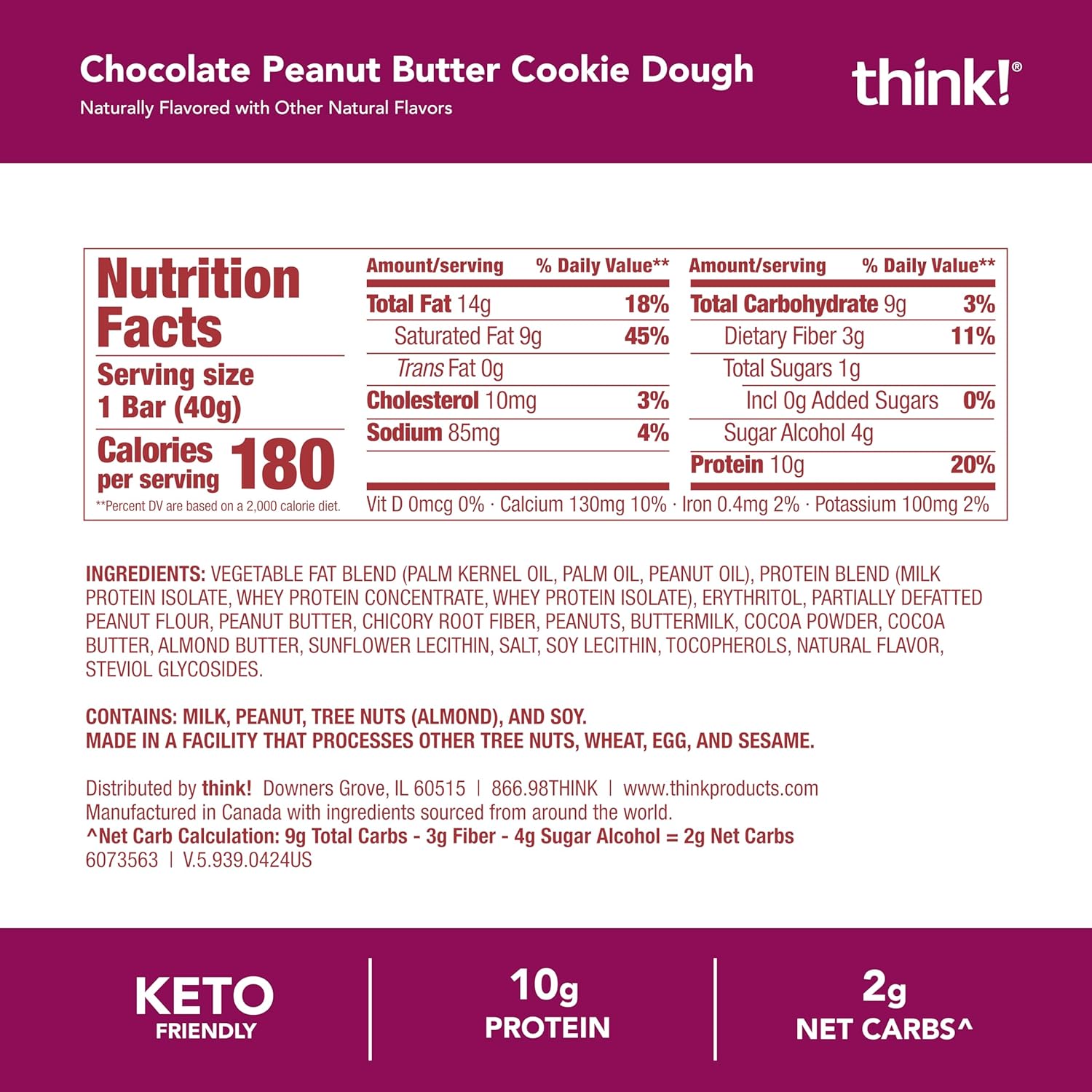 think! Delight, Keto Protein Bars, Healthy Low Carb, Gluten Free Snack - Chocolate Peanut Butter Cookie Dough, 10 Count (Packaging May Vary)