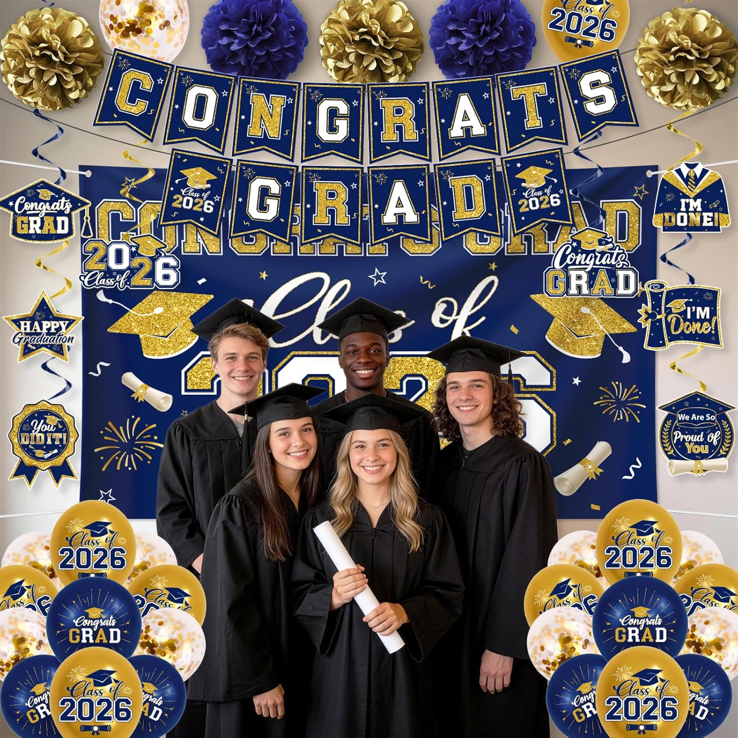 Navy Blue and Gold Graduation Decorations 2026 Set, All-in-1 Kit with Congrats Grad Banner Class of 2026 Backdrop Porch Sign Balloons Centerpieces Card Box Pom Poms Streamers for College High School