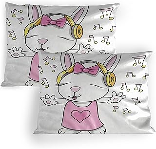 Ambesonne Bunny Pillow Sham Set of 2, Rock Star Rabbit Animal Speakers Music Notes Girls Humor Heart Cartoon, Quality Microfiber Bedding Item for All Seasons, 30
